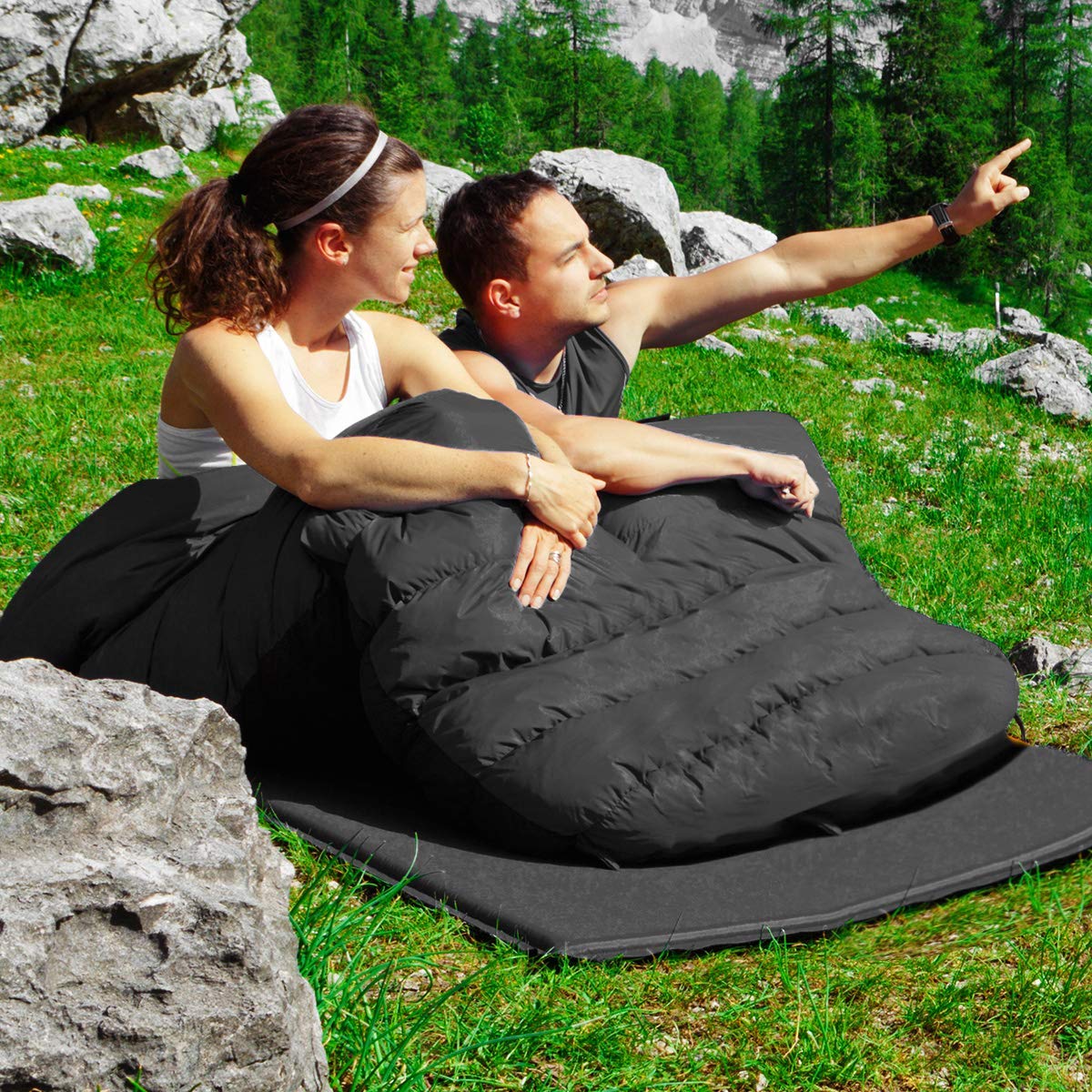 COSTWAY Podwójny śpiwór 2 w 1, rozmiar XL, śpiwór dla 2 osób, 2 poduszki, 220 x 150 cm, na kemping, wędrówki, aktywności na świeżym powietrzu