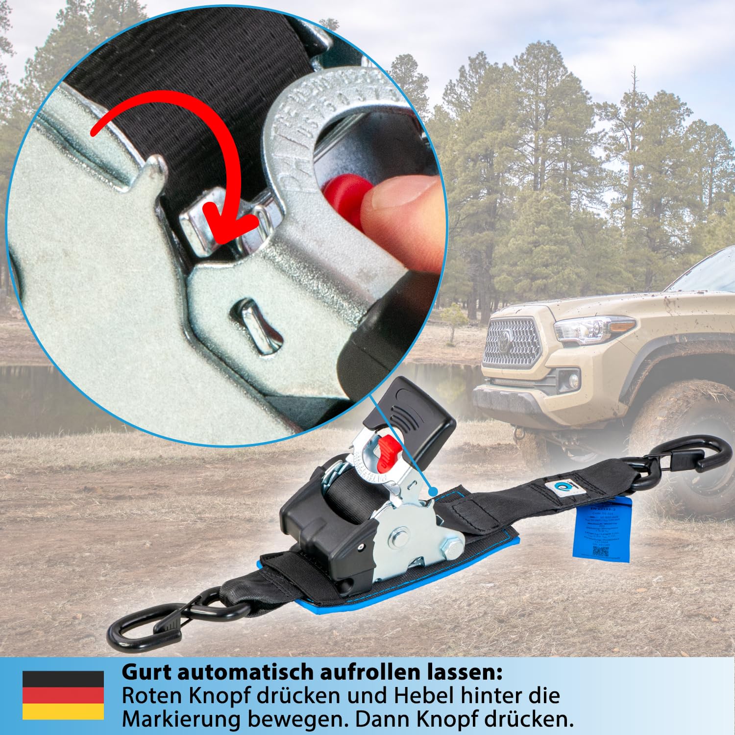 valonic Tanuki - 2X 3m XXL Automatik Spanngurt mit Haken, gepolstert, Blaue Fahne, 50mm, 650/1300Kg, EN-12195-2, mit Ratsche - Spanngurte Automatik, Zurrgurte für Motorrad, SUP, Auto schwarz