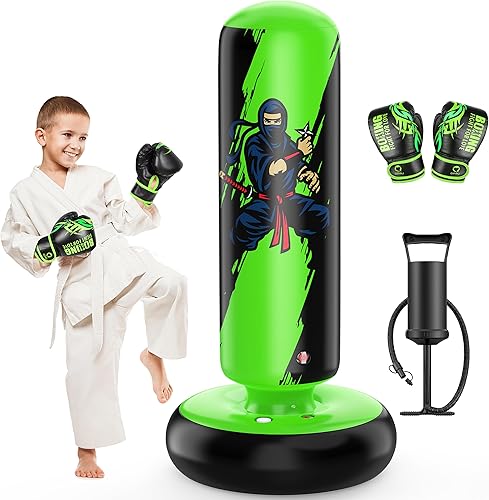 Miniatura 9 de QPAU Saco de boxeo para niños, bolsa de boxeo inflable estable de 66 pulgadas con guantes de boxeo, juguete de saco de boxeo para niños y niñas de 5