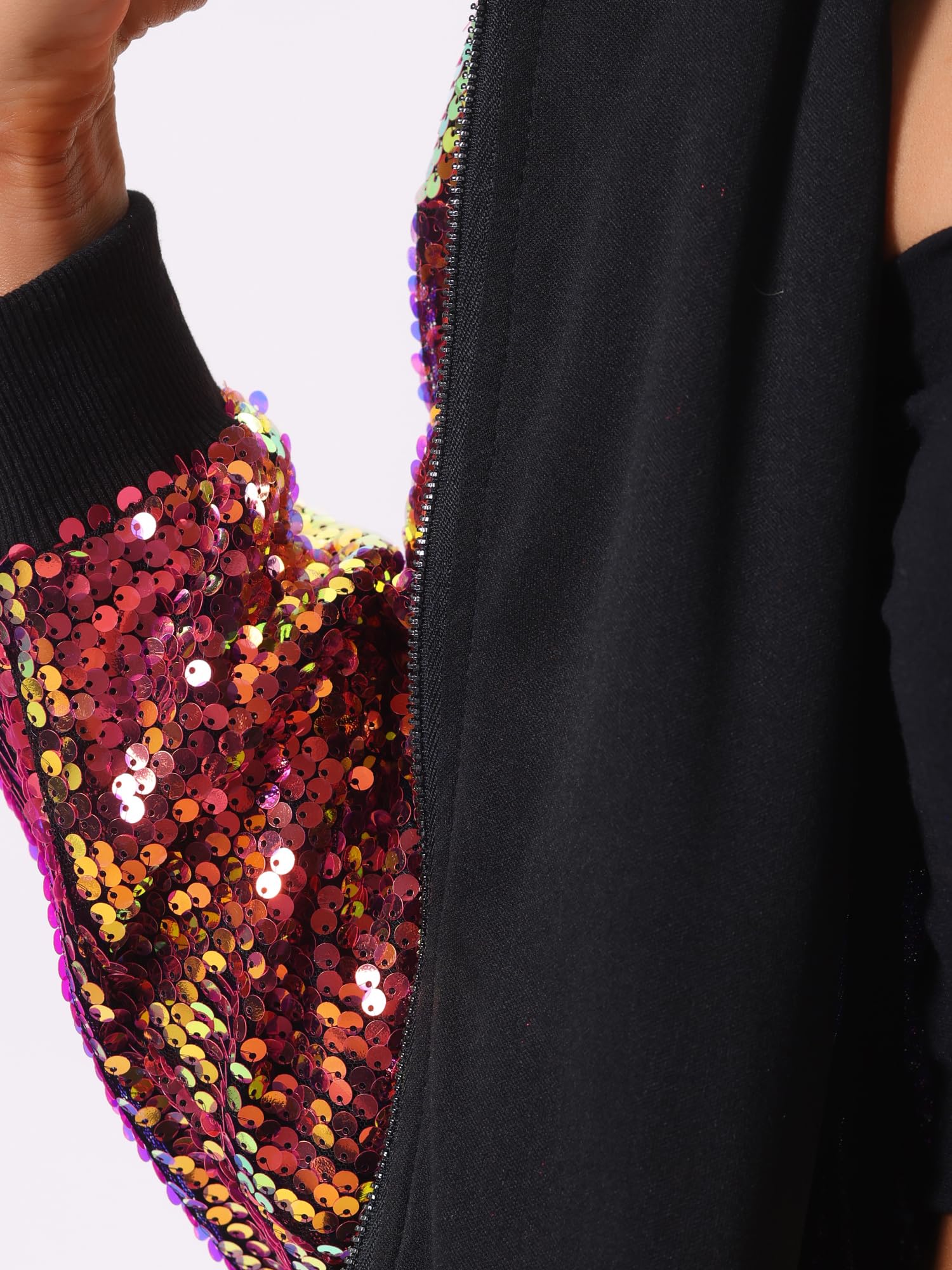 Allegra K Damen Glitzer Jacke Bomberjacke Pailletten Bomber Jacke Langarm Party Club Metallic Sequin Jacken