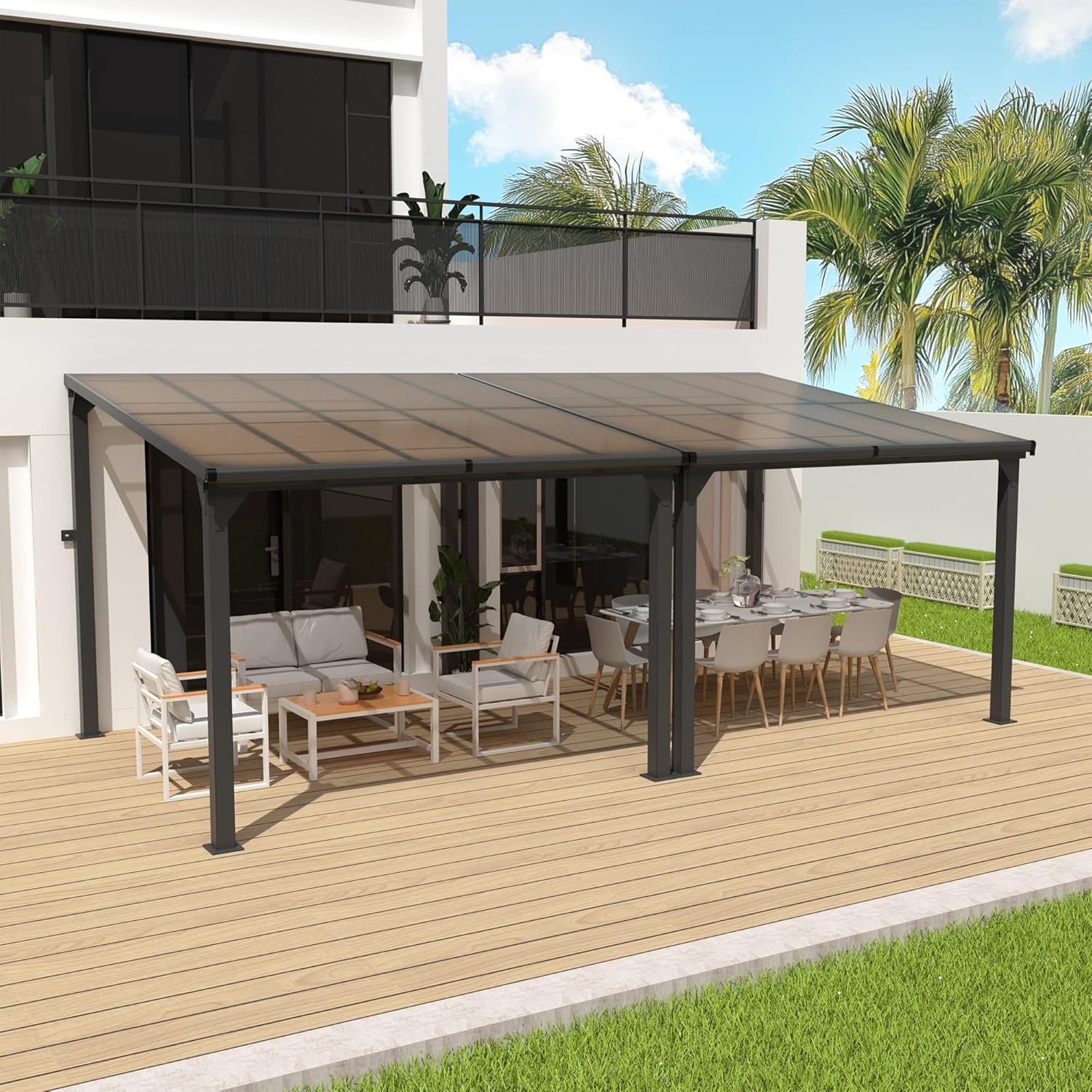 10 * 20FT Pergola,4 * 7 Inch Thickened Pillars & Enlarged Base,Outdoor Hardtop Lean to Gazebo,Wall Mounted Pergola,Pergolas Gazebos Clearance,Aluminum Frame Pergola,UV Resistant Patio Roof