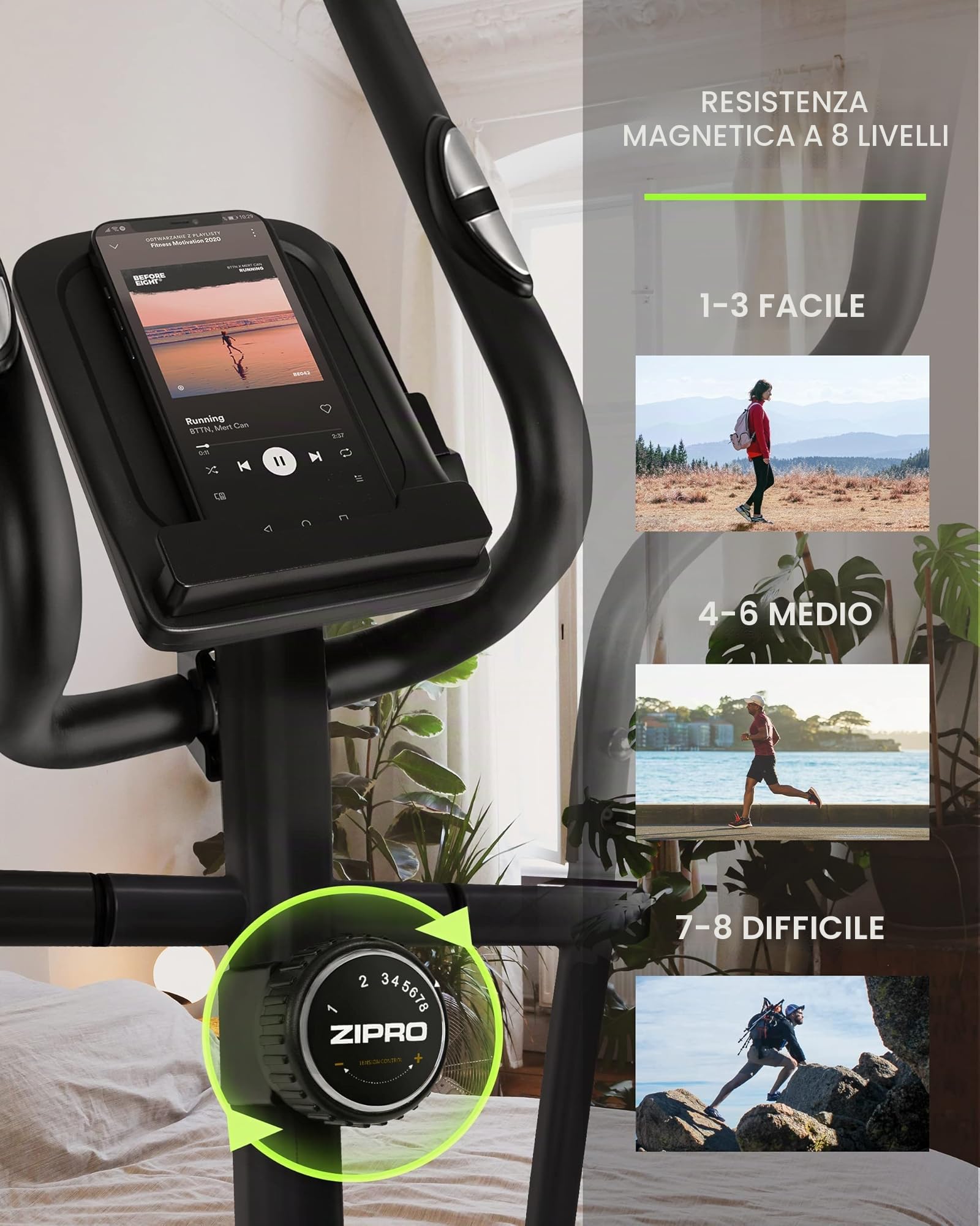 ZIPRO Cyclette Ellittica BURN GOLD, cyclette cross-trainer, con monitor LCD, resistenza magnetica regolabile, Sensore di pulsazioni, 120kg, Nero