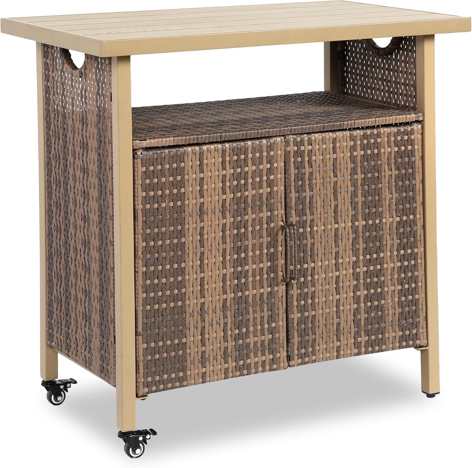 HOMEFUN Outdoor Bar Table with Storage Cabinet Patio Serving Carts on Wheels Wicker Grill Cart Prep Station Rolling Kitchen Island for Outside Backyard and Patio, Brown