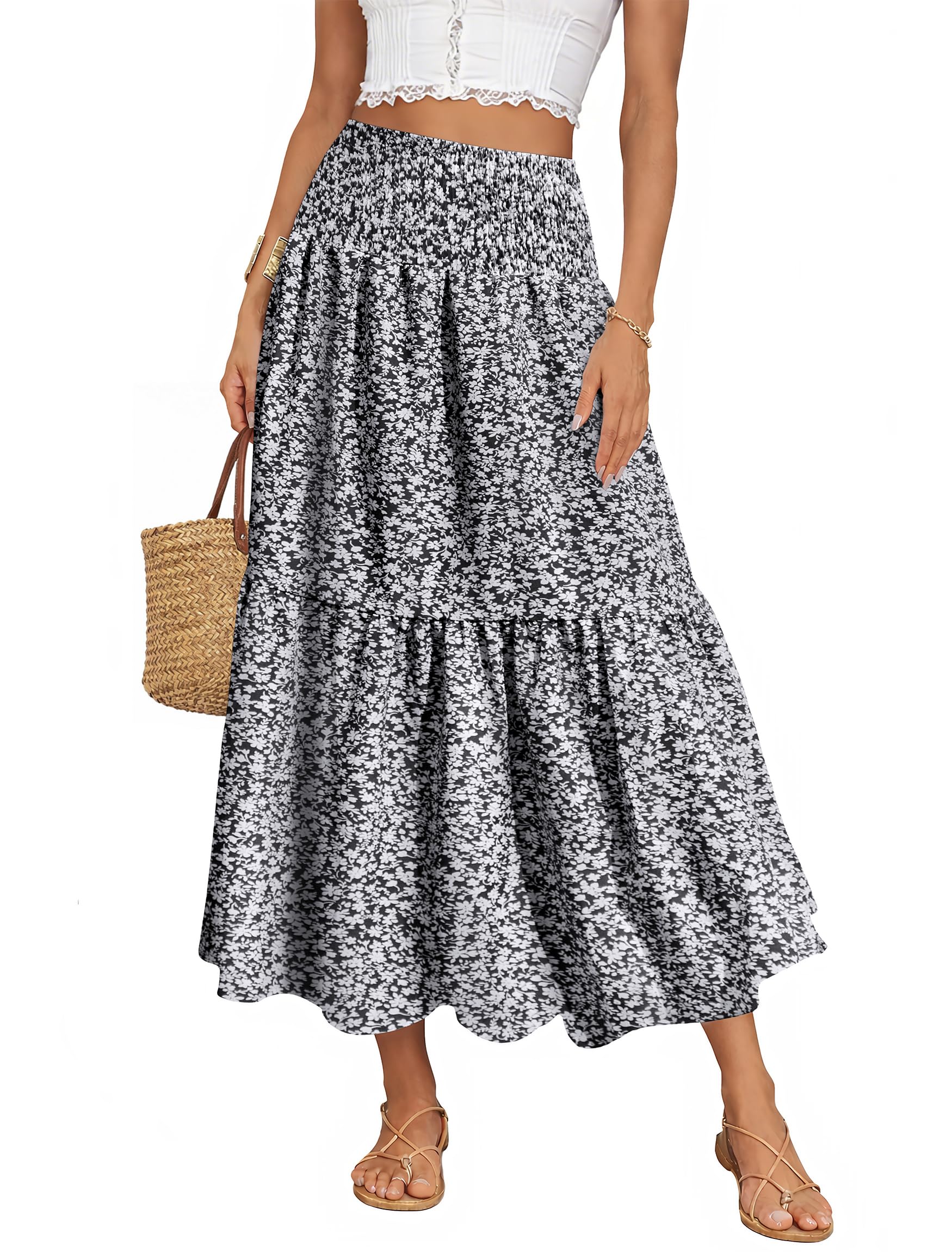 IWD Summer Long Skirts for Women Casual Smocked Elastic Waist Floral Maxi Skirt Flowy Swing A-Line Boho Skirt