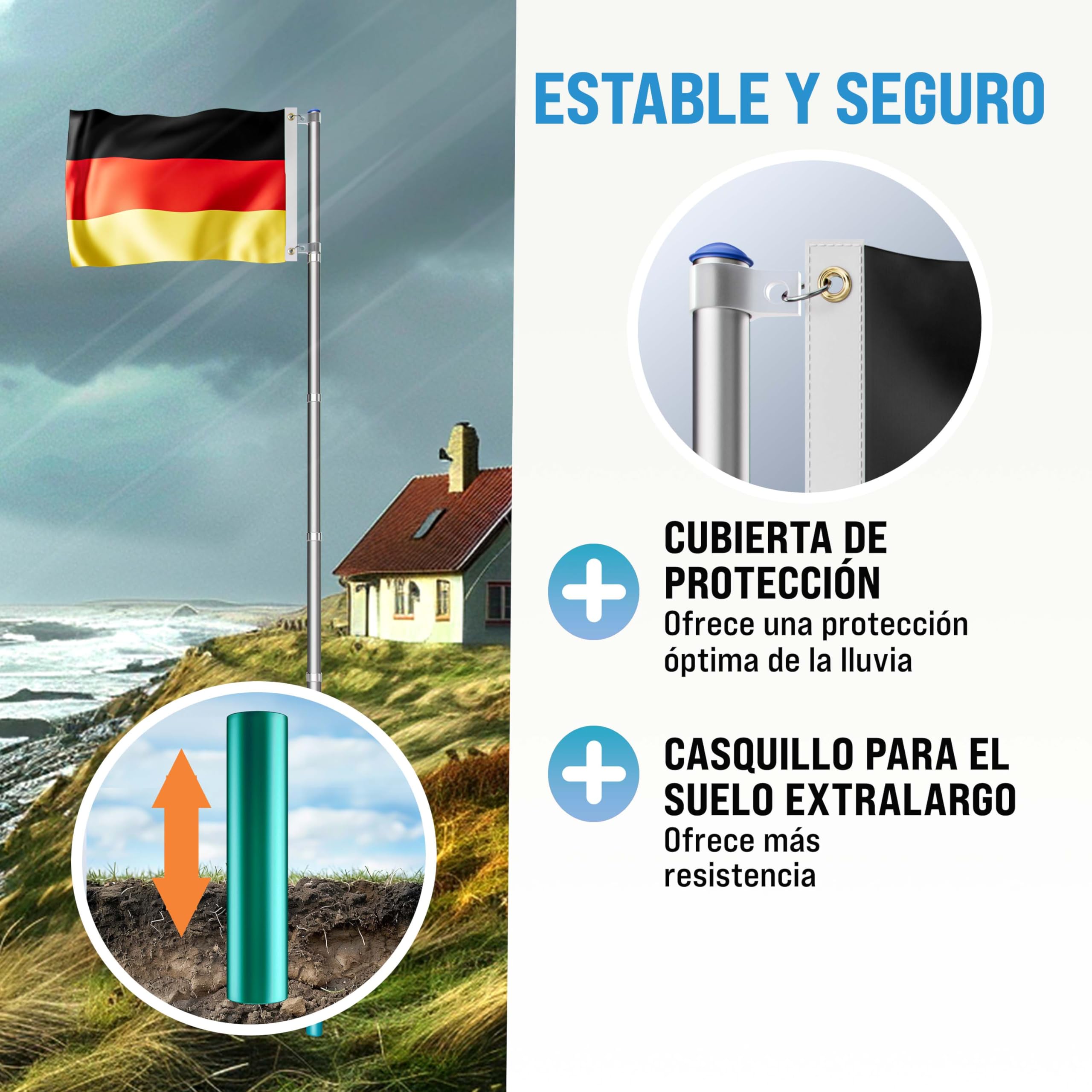 MONZANA® Asta Bandera Aluminio 6,30m Telescopica incl. Anclaje Suelo 60cm Bandera Alemania Alemana