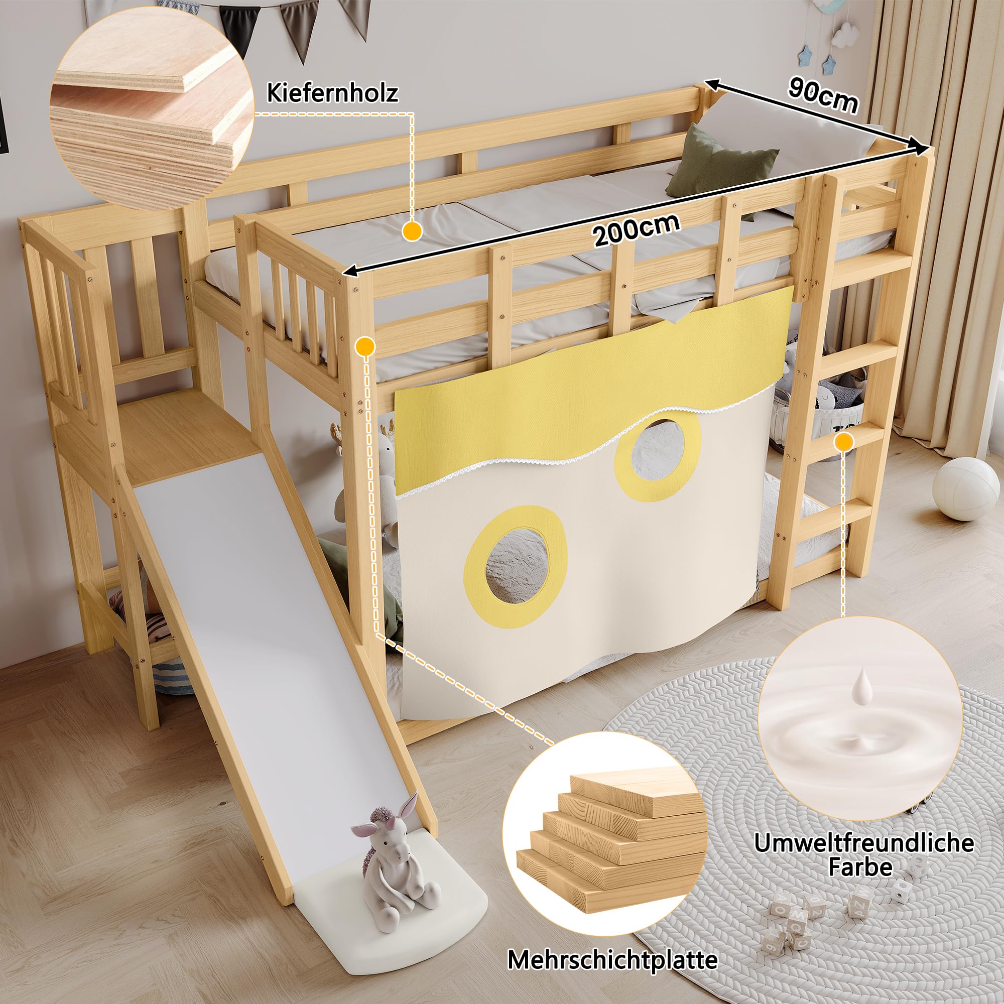 Mrwoo Kinderbett 90x200 cm, Etagenbett mit Rutsche, Hochbett mit Dreistufige Treppe und Rausfallschutz Geländer, Geeignet für Kinder und Jugendliche, Holzlatten (Ohne Matratze) (Natur)