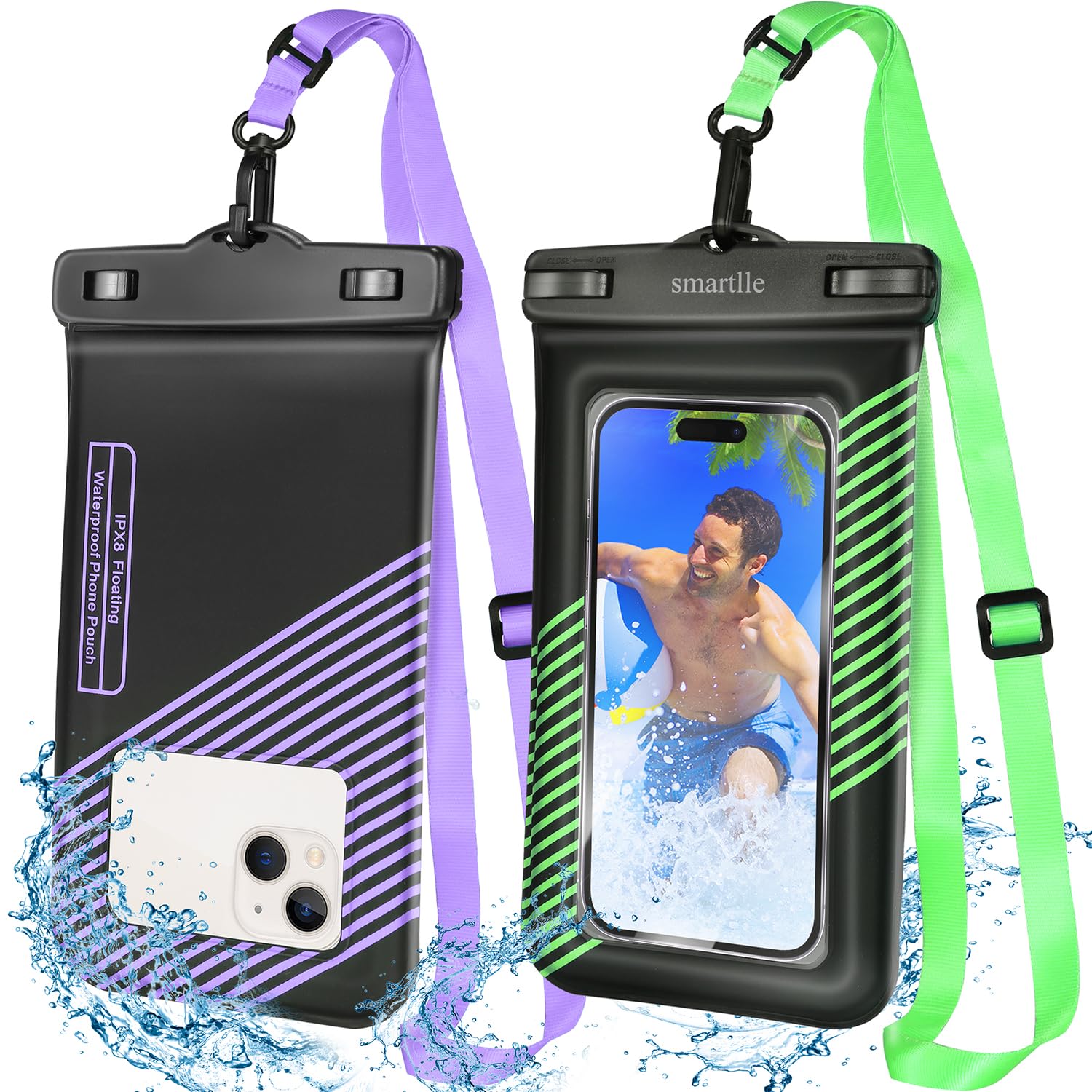 smartlle Floating waterproof phone pouches bags, IPX8 floatable cell phone water protectors cases 2 pack w/Adjustable Neck Lanyard, for iPhone 15 14 13 Pro Max 12 11, for Galaxy S24 S23 Ultra 7