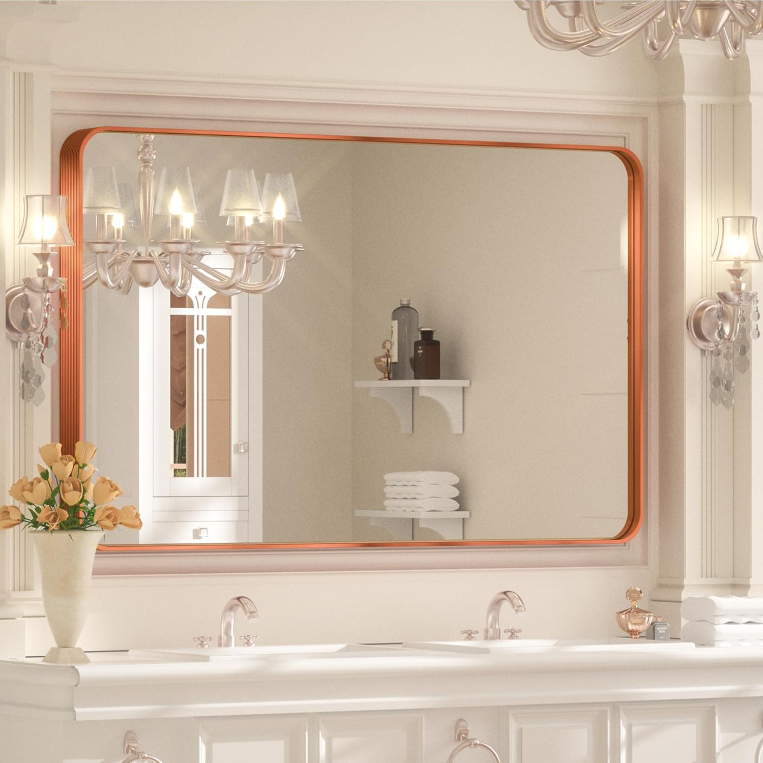 Wansi Shine Rose Gold Bathroom Mirror, 55x36 Inch Farmhouse Vanity Mirror, Metal Frame Wall Mirror for Bathroom, Rounded Corner Rectangle Mirror Hangs Horizontal or Vertical Rose Gold 55x36IN