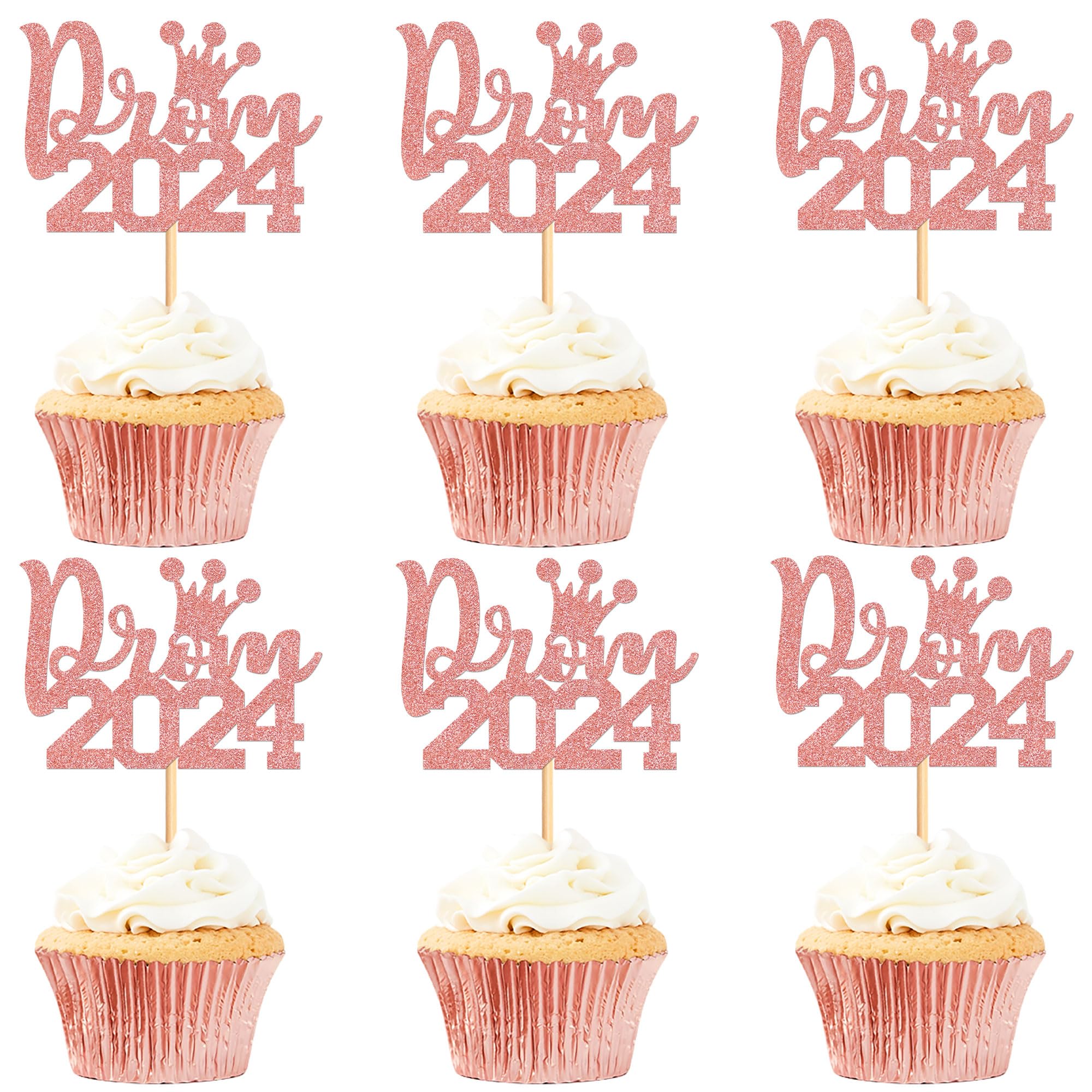 Ercadio 24pcs Prom Cupcake Topper Glitter Rose Gold Graduation Prom Decorations for Party 2025 Prom Graduation Cupcake Topper 2025 Grad Decorations