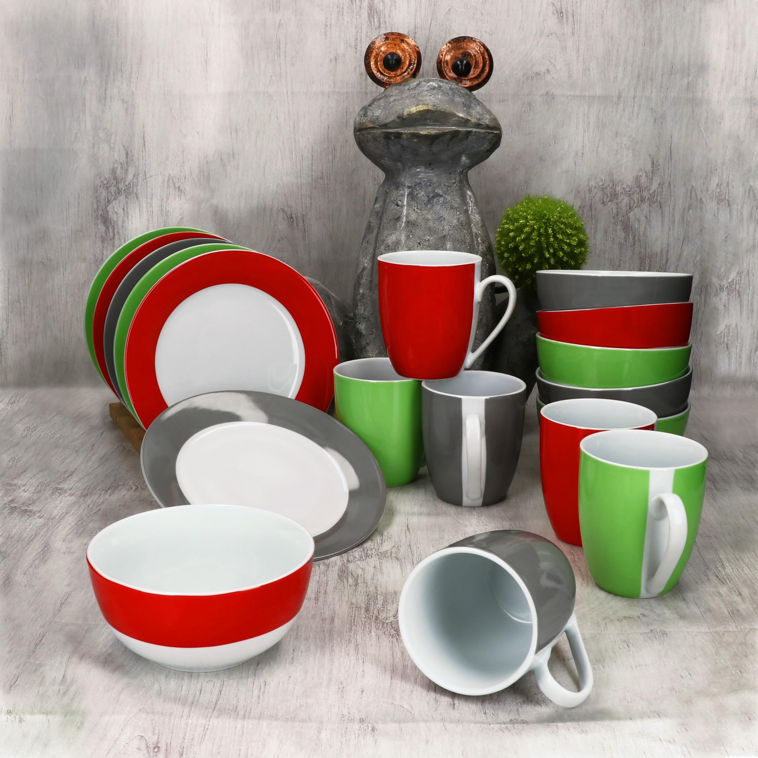 MamboCat Variant Trio Service de petit-déjeuner 18 pièces I 6 petites assiettes, 6 bols de 450 ml et 1 tasse à café 350 ml, hauteur 10,3 cm pour 6 personnes I Vaisselle en porcelaine pour le petit