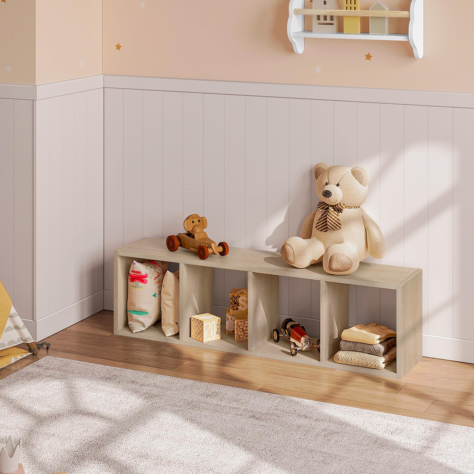 WOLTU Librería con 4 Niveles, Estantería de Cubos para Libros y Adornos, Estantería de Almacenamiento, Estantería Abierta Moderna para Salón, Estudio y Oficina, 30x23,5x106,5 cm, Roble Claro