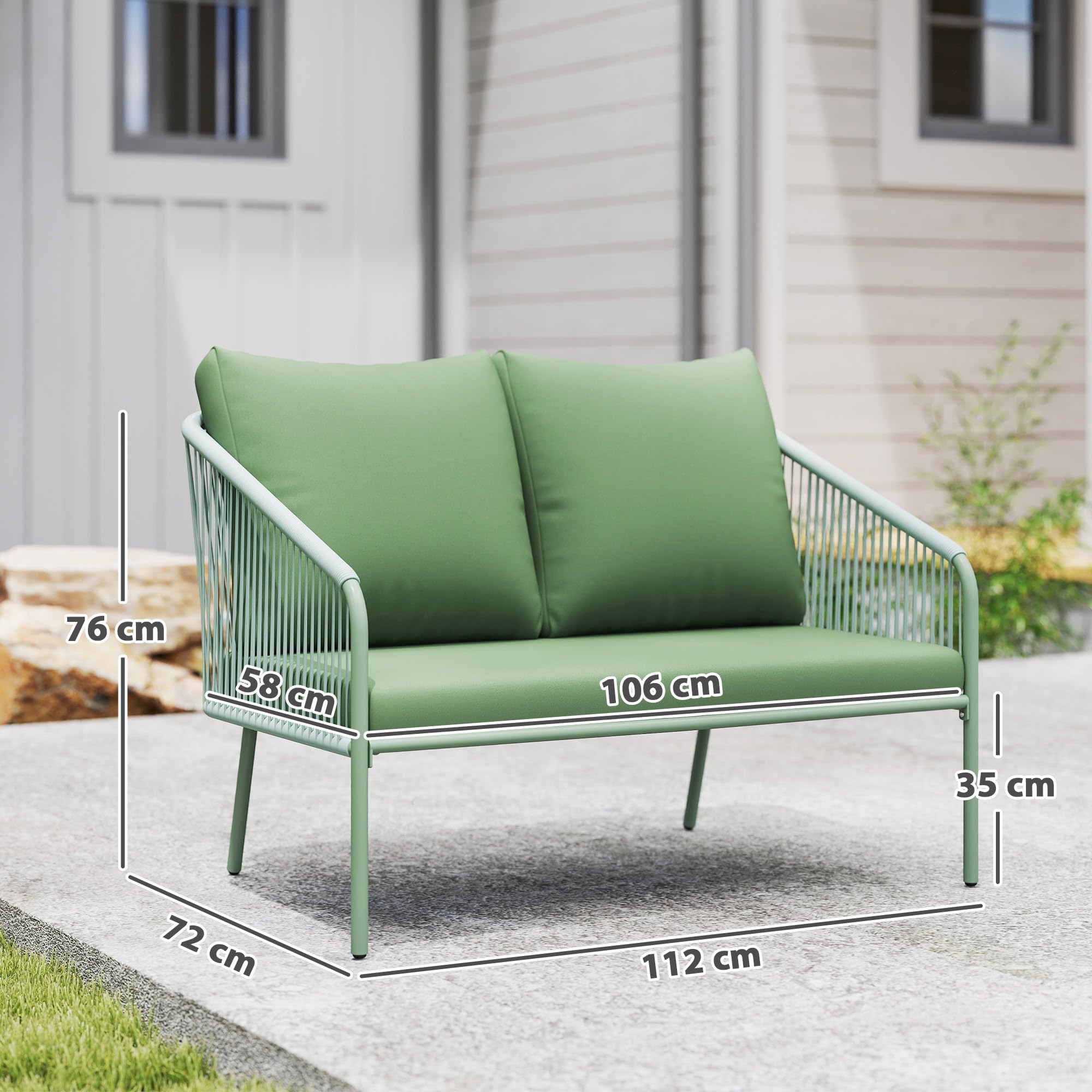 Outsunny Canapé de Jardin 2 Places Résine Tressée Coussins Accoudoirs Cadre Acier Vert