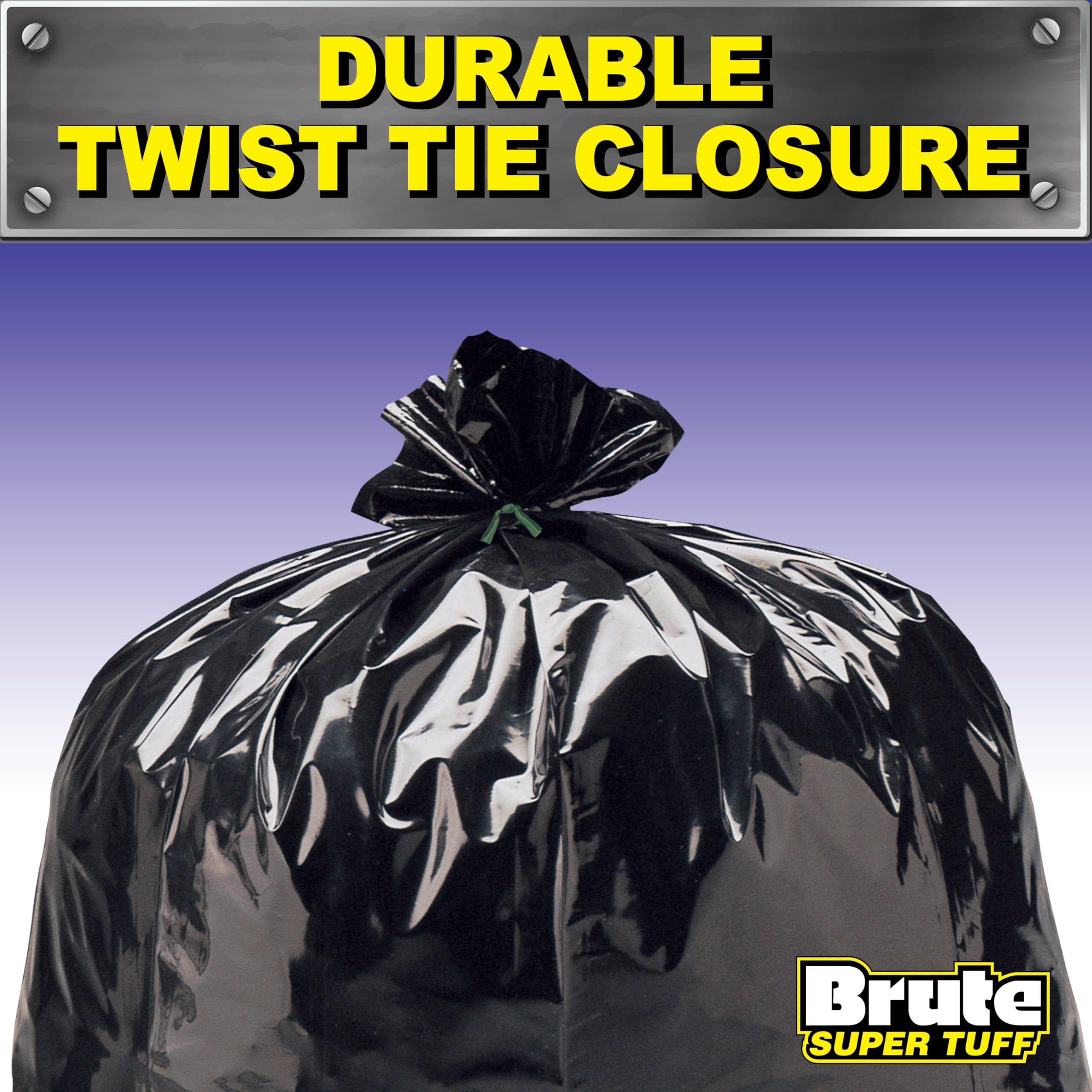Brute Super Tuff 20 sacchi per la spazzatura grandi e robusti, con chiusura per annodare, 177 litri, colore nero