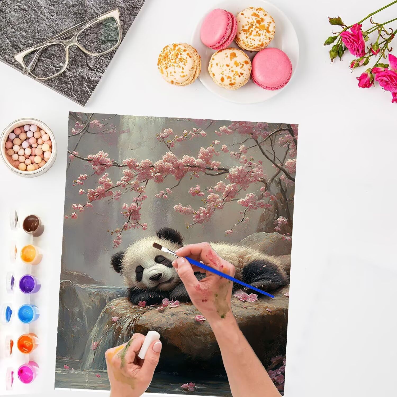 Dipingere con i Numeri Adulti, Fiori di ciliegio Panda Quadri da Dipingere Numerati, Kit Pittura Acrilica DIY Bambini, Hobby Creativi Adulti,Dipinto a Mano Kit Pittura Olio 70x90cm Senza Cornice T-931