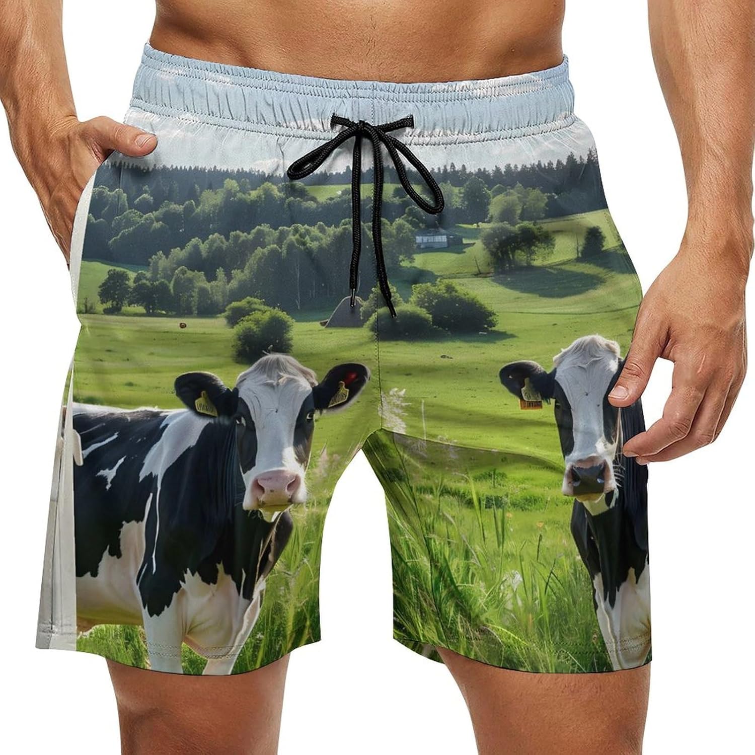 Farmhouse Cow from Window Casual Men's Swim Trunks Novelty Summer Beach Shorts Swimwear with Pocket