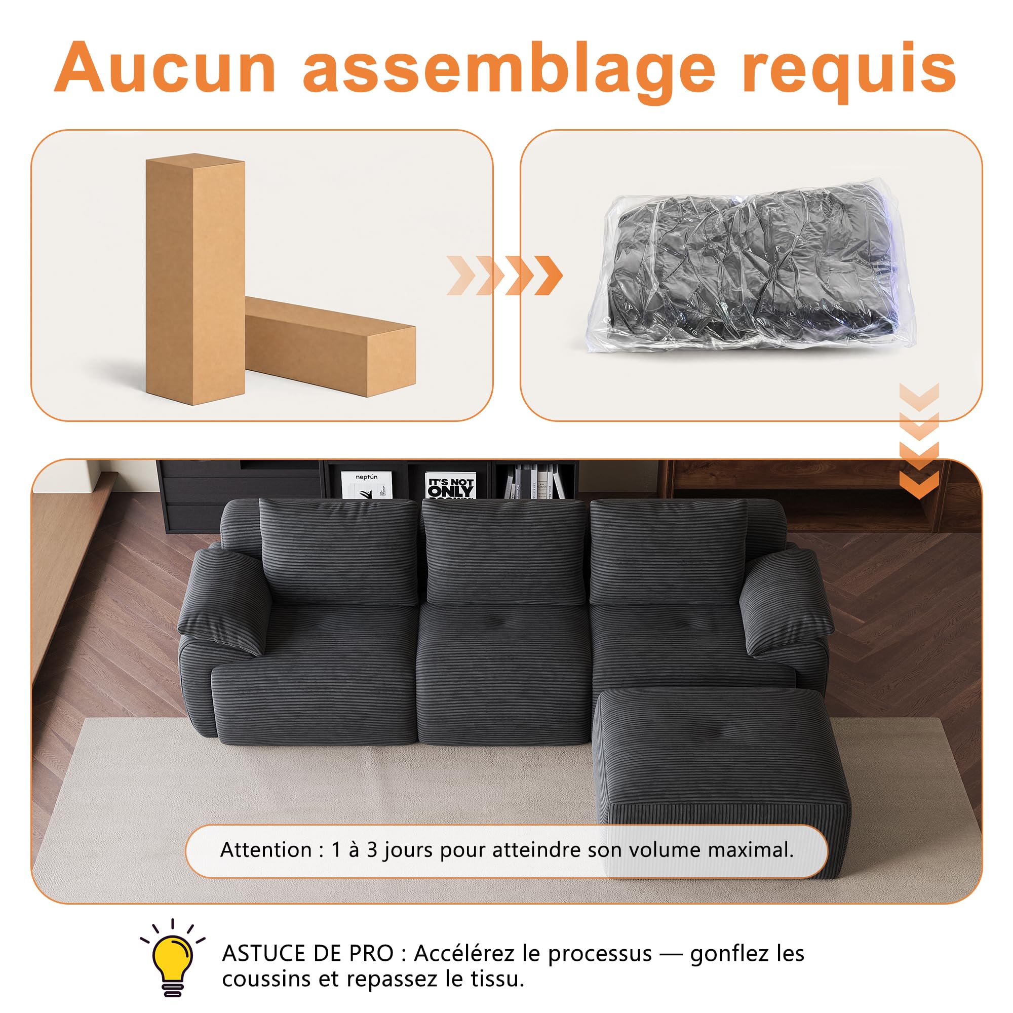 Sofá Seccional Modular con Cojines, Sofá de esquina Convertible | Sofá Deshuesado Comprimido con asiento profundo. Espuma de memoria de forma|Panaaa|264x161x71cm|Gris|No requiere ensamblaje