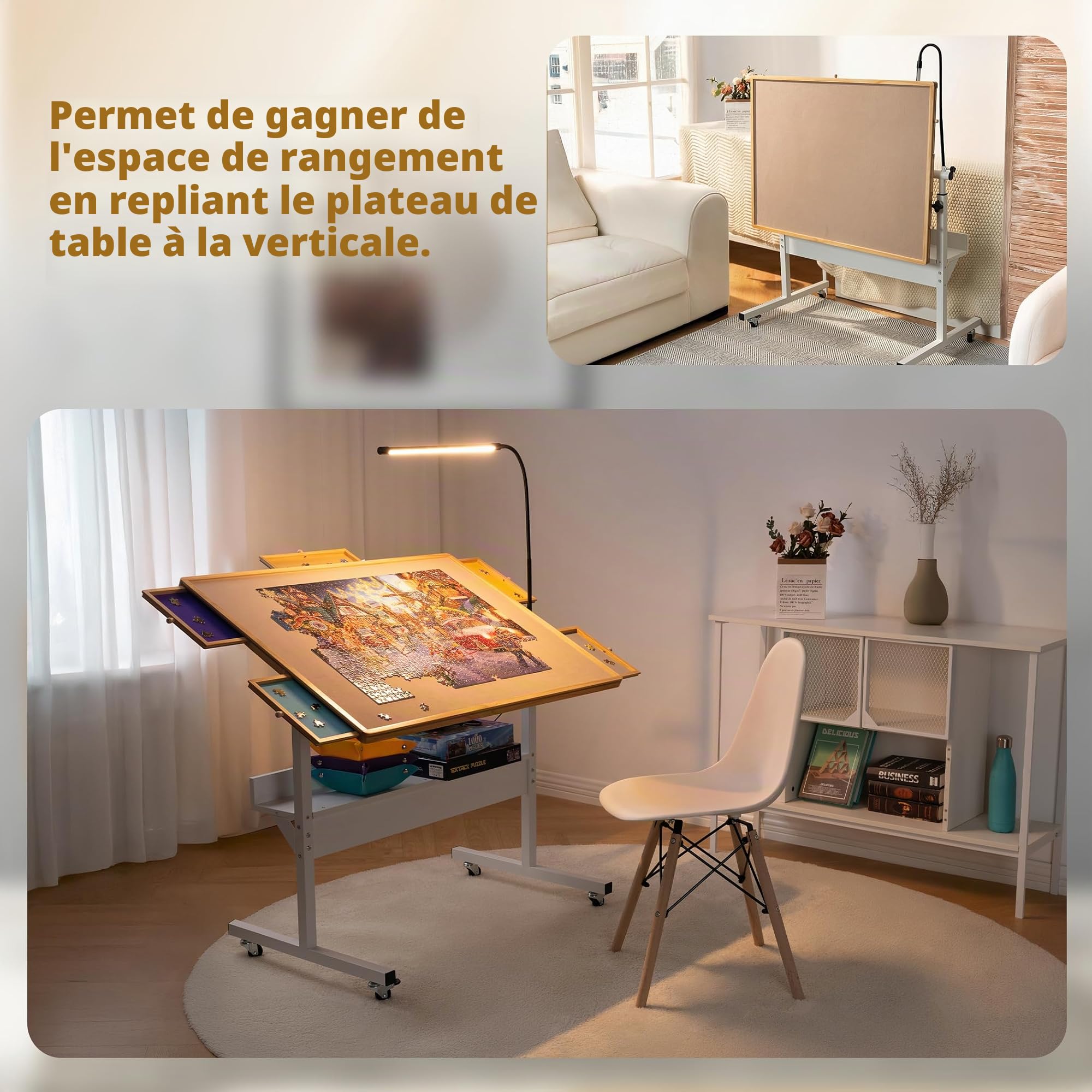 Tektalk Table de Puzzle avec lumière LED, Plateau en Bois avec Couvercle, fermé avec 4 roulettes, jusqu'à 1500 pièces