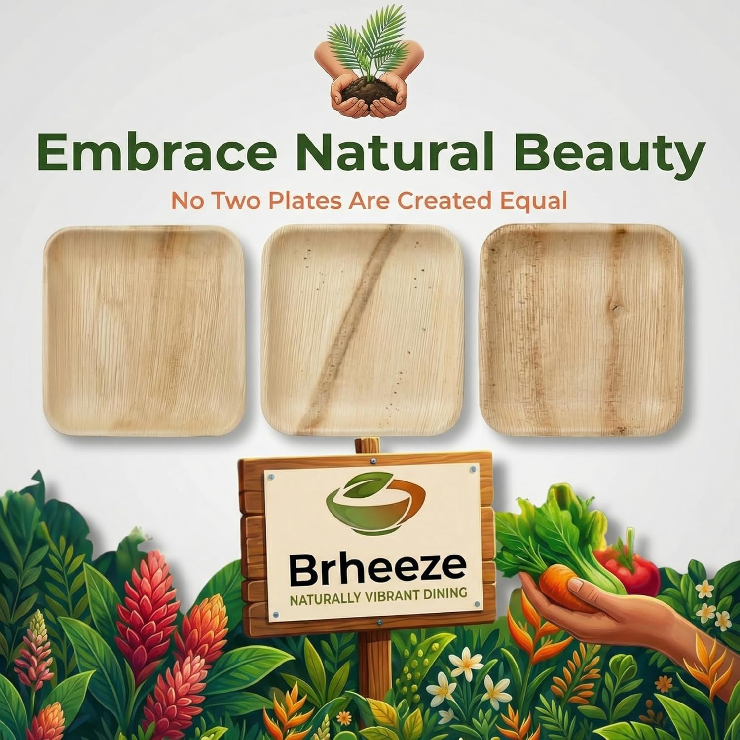 brheez Bamboo Plates Disposable Palm Leaf Plates | 10 inch bamboo dinner plates | Eco Compostable Biodegradable Plates | 10&7 Inch (50 pc)