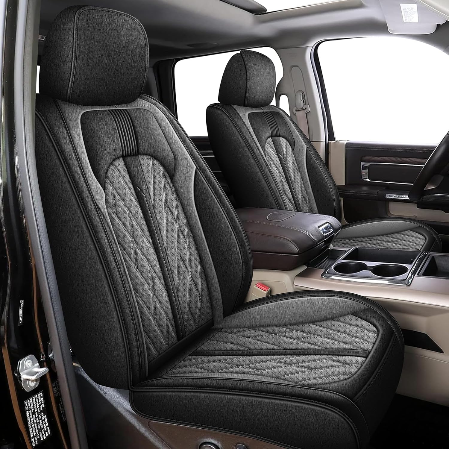 Seat Covers Fit for Dodge RAM 1500 2002-2024 2025 2026: Compatible with RAM 1500 2500 3500 Car Seat Cover Truck Pickup Crew Double Quad Cab (Flat Bench, Front Seat, Black & Grey) 073# Black & Grey 2PCS Front-(Flat Bench)