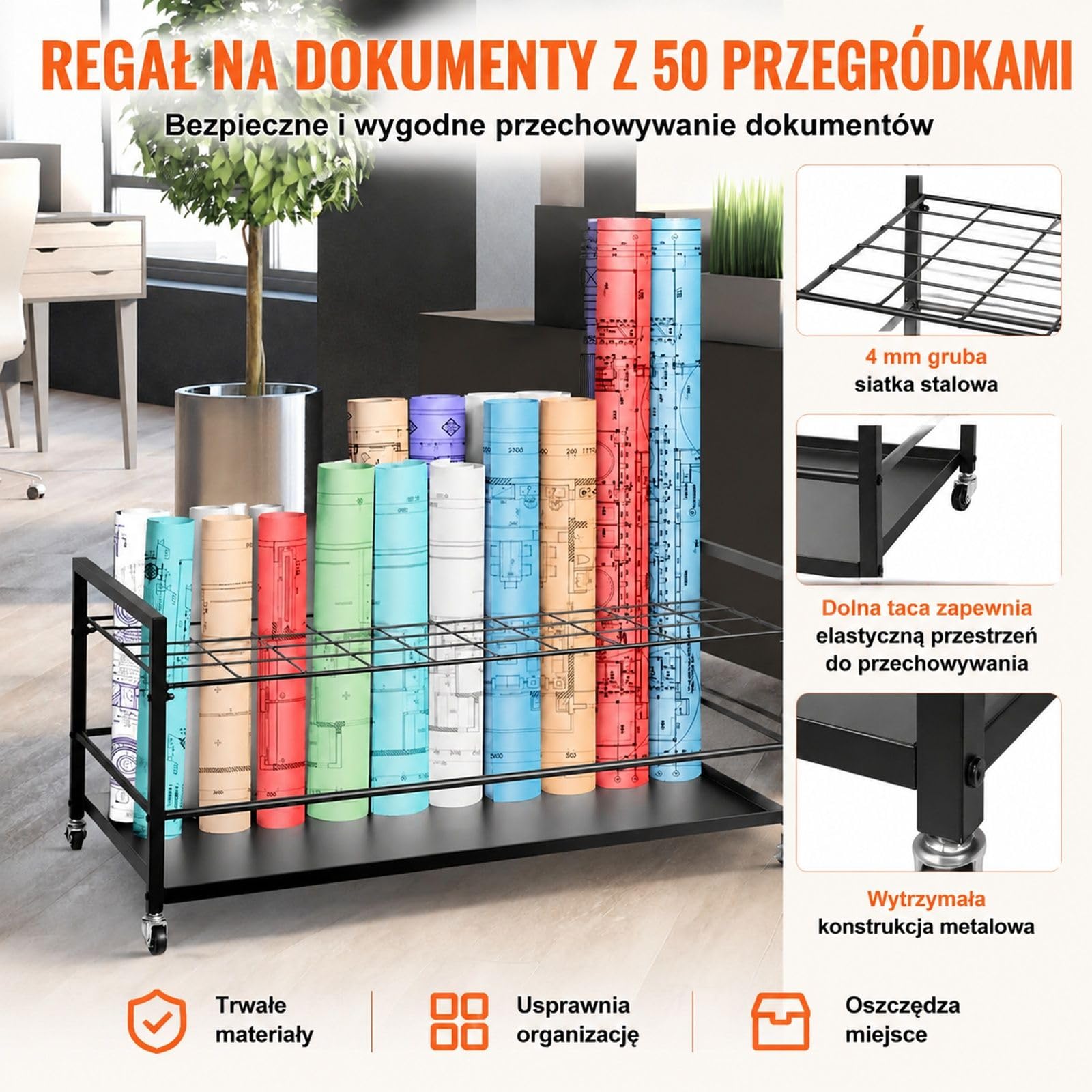 Metalowy stojak na plany z 50 przegródkami i kółkami, czarny mobilny uchwyt na mapy, plakaty i dokumenty do domu, biura i szkoły