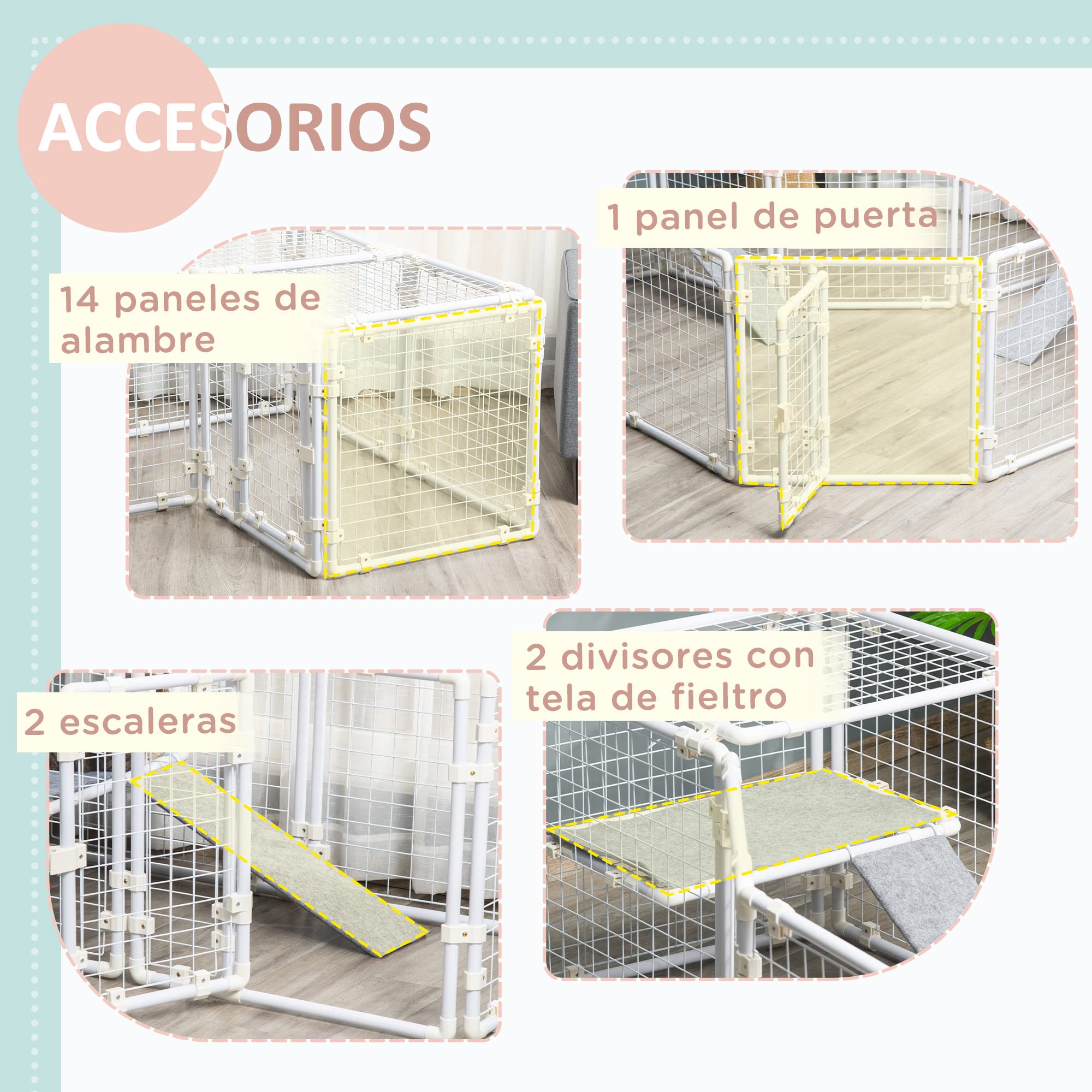 Pawhut Conejera Valla de Metal Corralito con Puerta Pestillo de 16 Paneles y Escalera para Gatos Cachorros Conejos DIY 68x68x2,5 cm Blanco