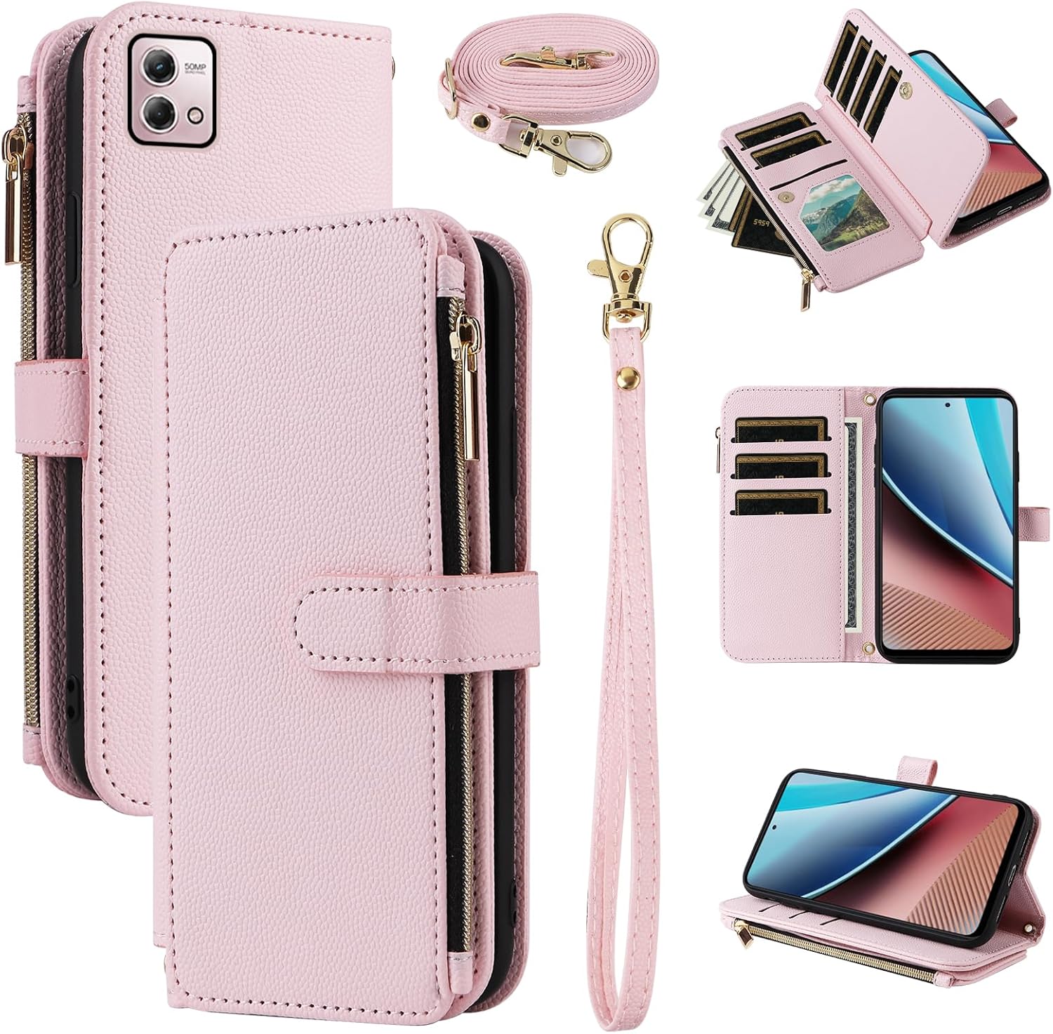 Wallet Case for Motorola Moto G Stylus 5G 2025 with Wrist Strap, Shoulder Strap 10+ Card Holder Luxury PU Leather Flip Stand Zipper Purse Cell Shockproof Phone Cover for G5 Women Men Blue