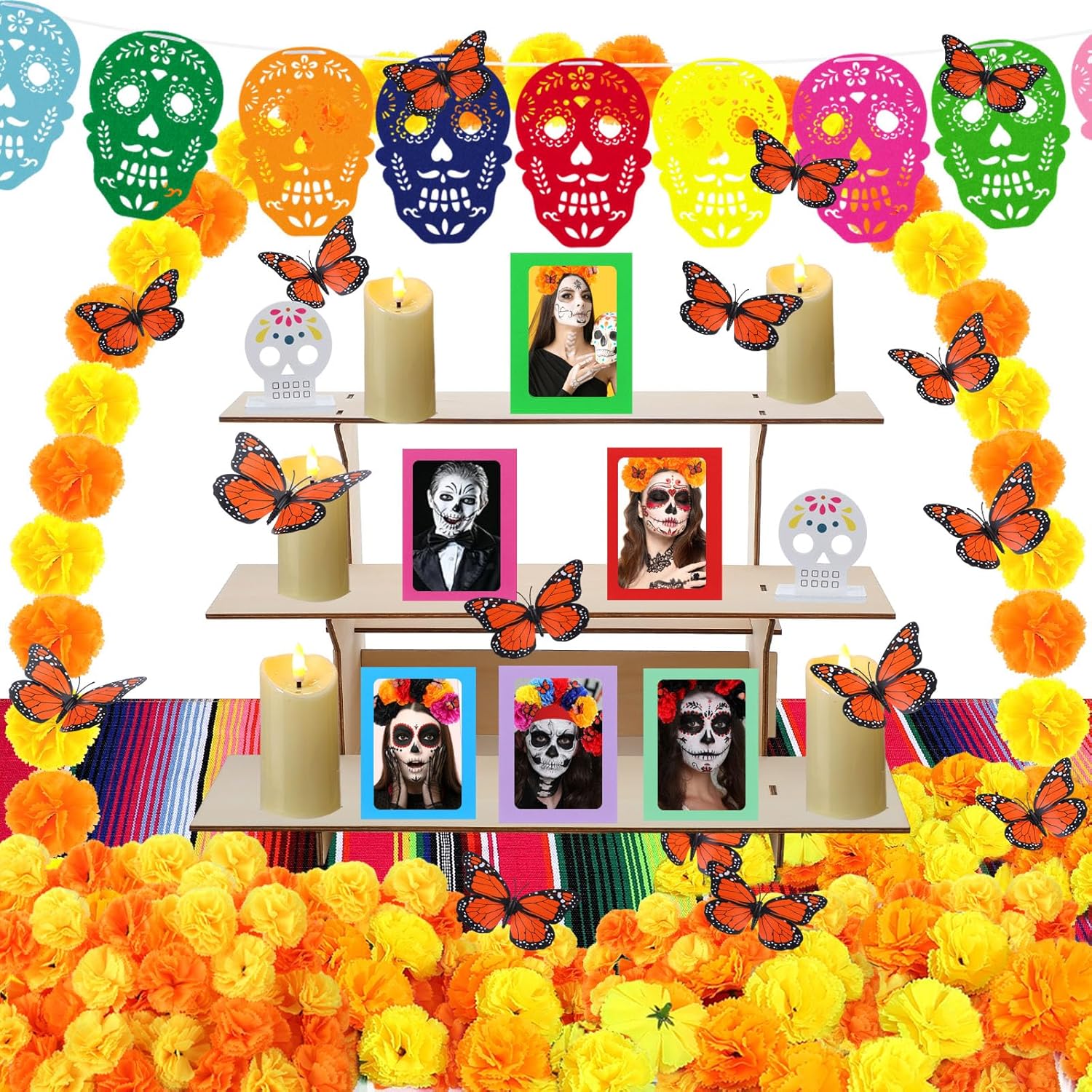 89 Pcs Dia De Los Muertos Altar Decoration Mexican Display Stand Paper Frames Candles Table Runner Papel Picado Marigold Flower Heads Butterflies Skull Signs for Day of The Dead Decor