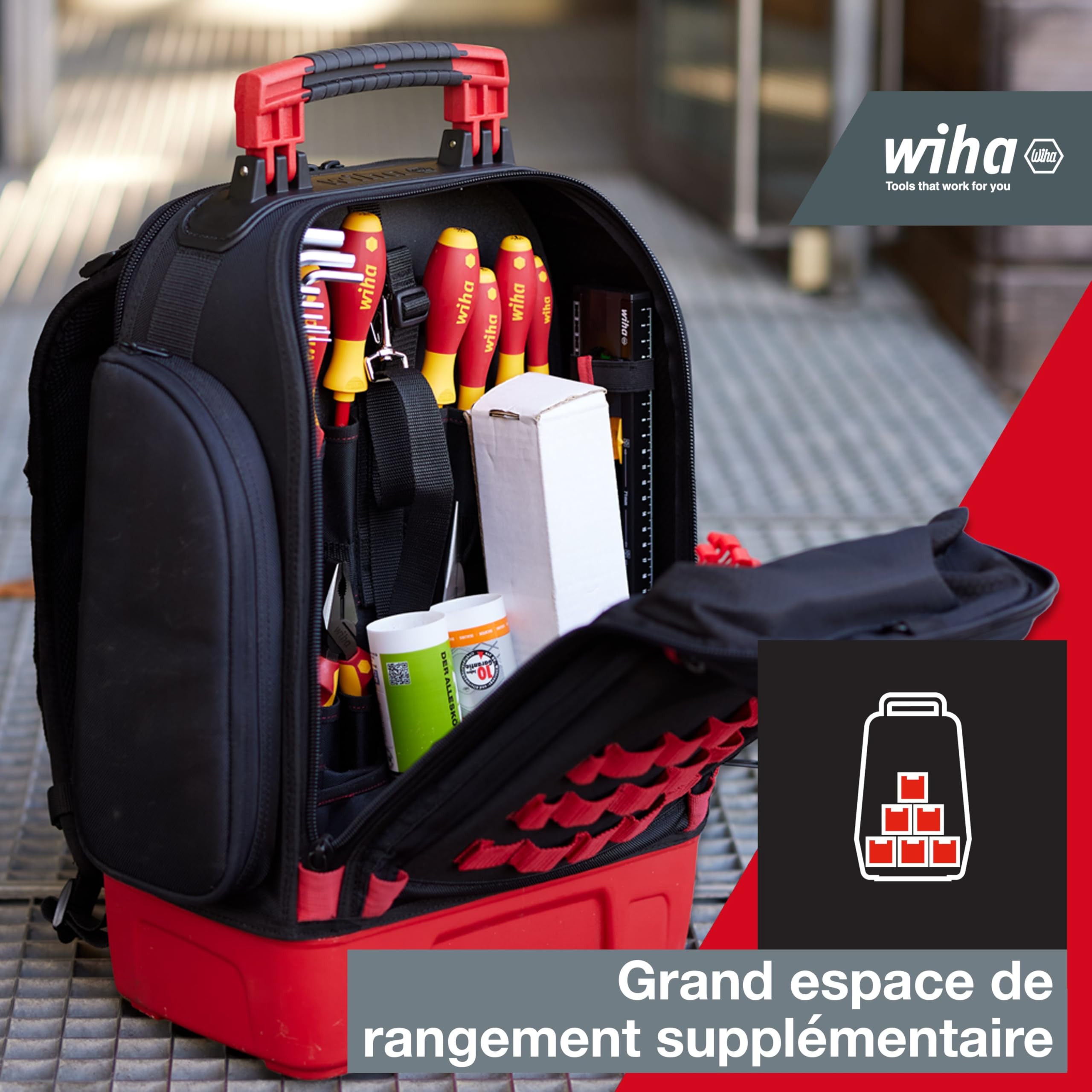 Wiha Sac à dos d'outils électricien professionnel de chantier robuste durable avec compartiment ordinateur et coque solide étanche (45528)
