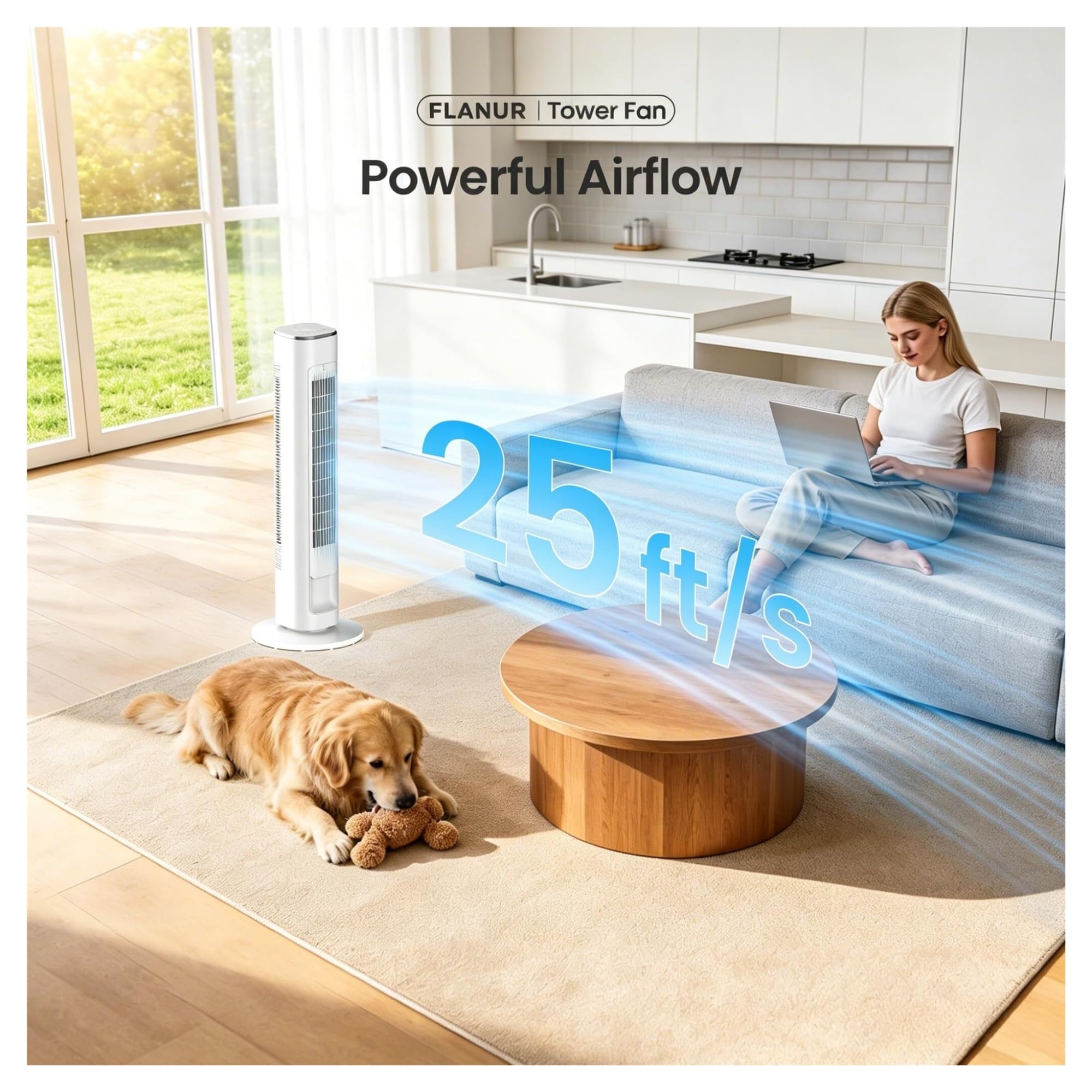 Ventilador de la torre inteligente con el control remoto de la aplicación, 90 diseño oscilante sin cuchillas para la oficina del dormitorio, velocidad del viento de 25 pies/s, modo de suspensión silen