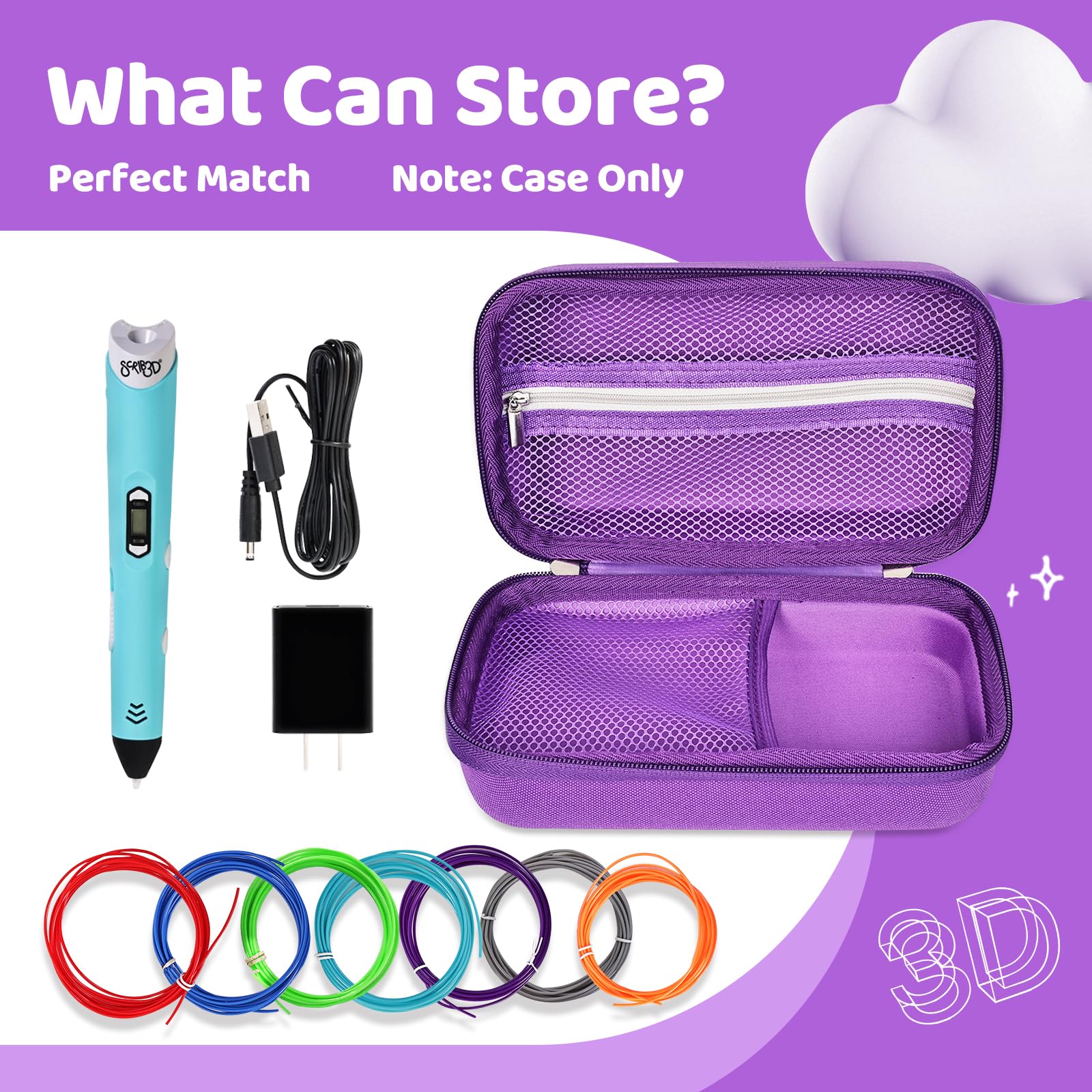 Custodia compatibile con 3Doodler Start+ Essentials per set di penne 3D per bambini, supporto da trasporto adatto per penne da stampa, organizer per stampa di ricariche di filamenti, caricabatterie