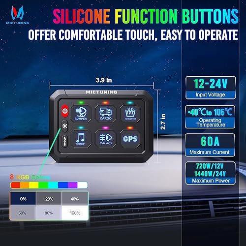 Miniatura 9 de MICTUNING P1s RGB 5 pulgadas 8 Gang Switch Panel, alta potencia 6 niveles de brillo multifunción flash palanca estroboscópica momentánea control de