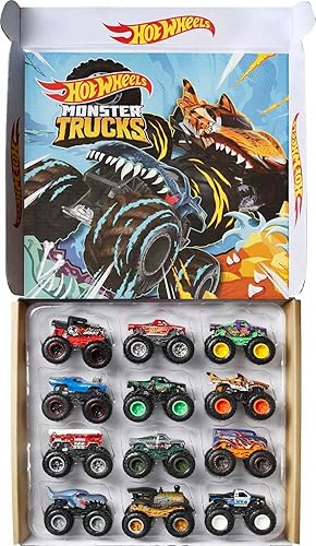Hot Wheels Monster Trucks, juego de 12 camiones monstruo de juguete fundidos a presión a escala 1:64 para niños y coleccionistas, los estilos pueden