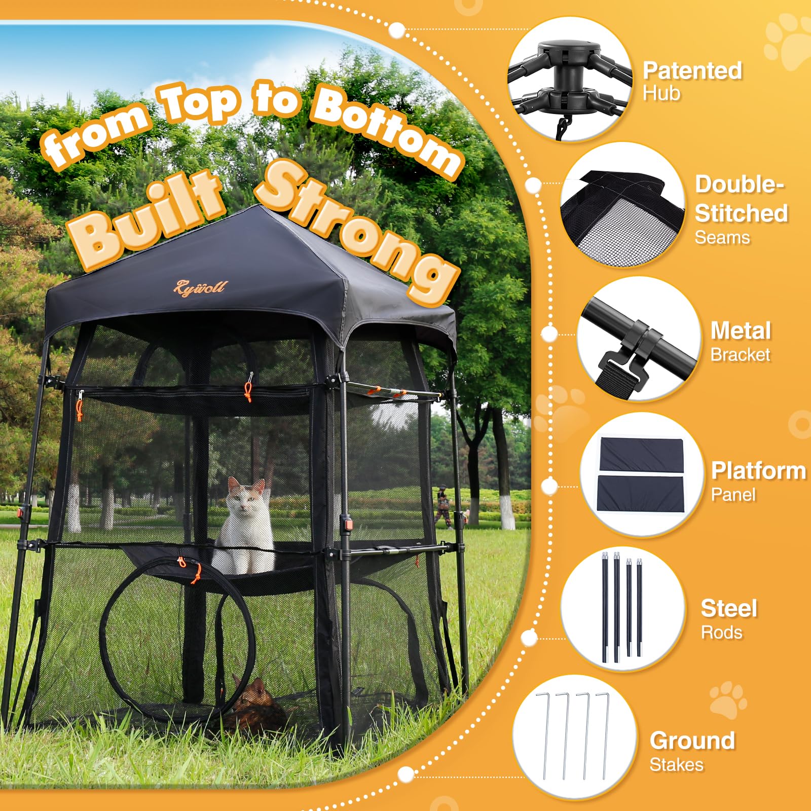 Rywell Jaula para Gatos 145x110x110cm,Catio para Gatos Exterior Extra Grande de 3 Pisos para Gatos, Hurones y Cobayas, Plegable Jaula para Gatos con Toldo y Clavos de Carpa