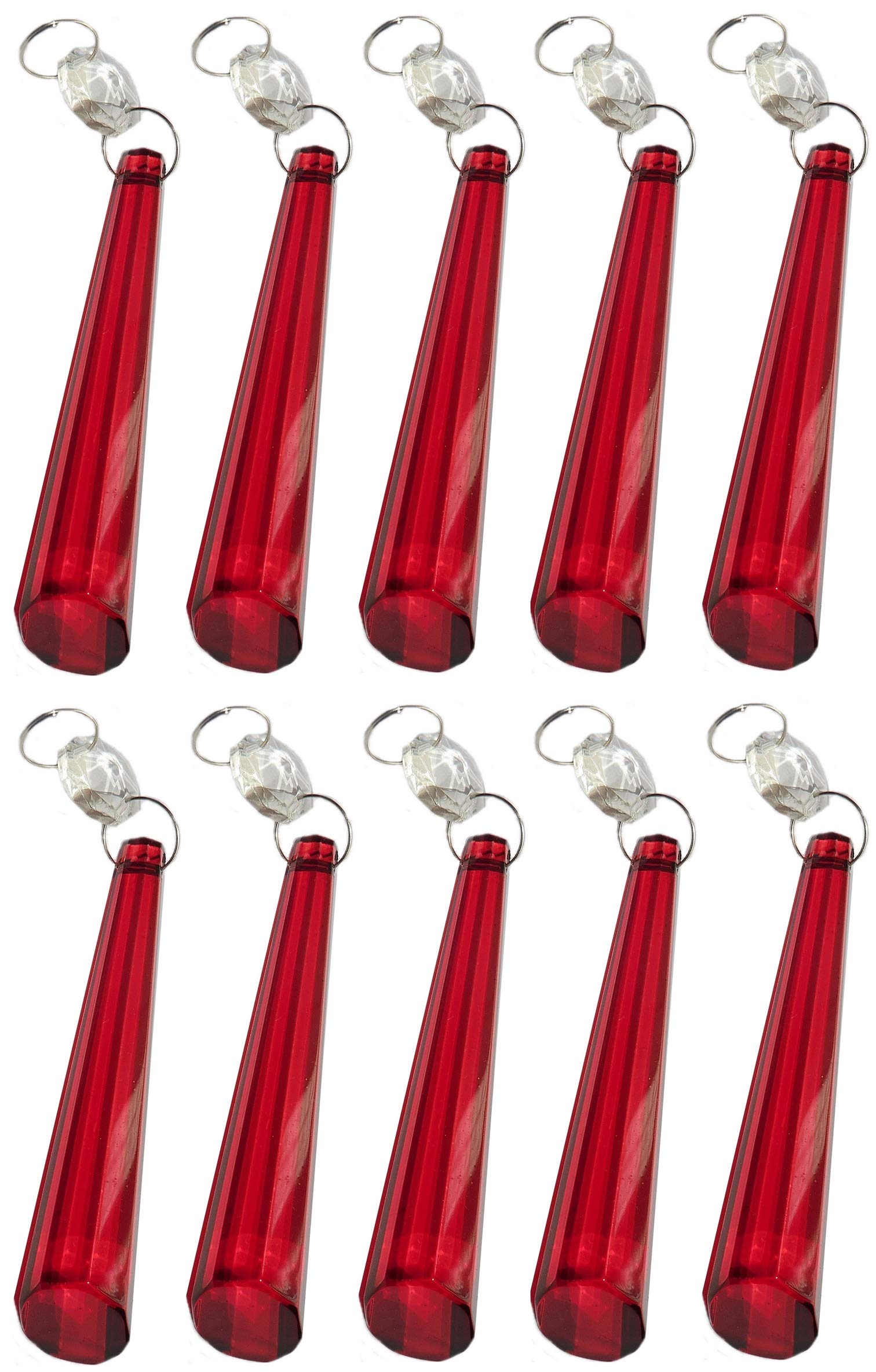 10 Red Icicle Chandelier Drops Droplets Cut Glass Crystals Beads Prisms Christmas Tree Ornaments Vintage Wedding Decorations Light Lamp Parts (PEG RED)