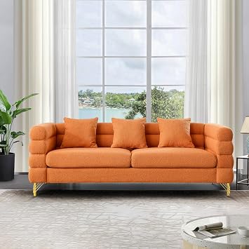 Antetek 81-inch Couches for Living Room, Modern Teddy Fabric Upholstered Sofa Couch with Square Arm and 4 Golden Metal Legs for Living Room, Office, Apartment, Orange
