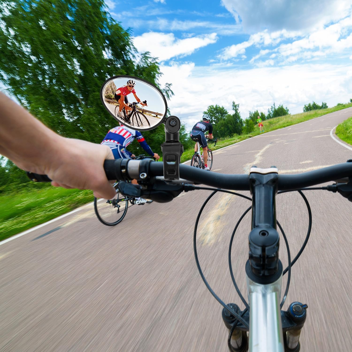 First-person view from a bicycle handlebar, showing the QWORK Bike Mirror reflecting cyclists behind, demonstrating its use during cycling.