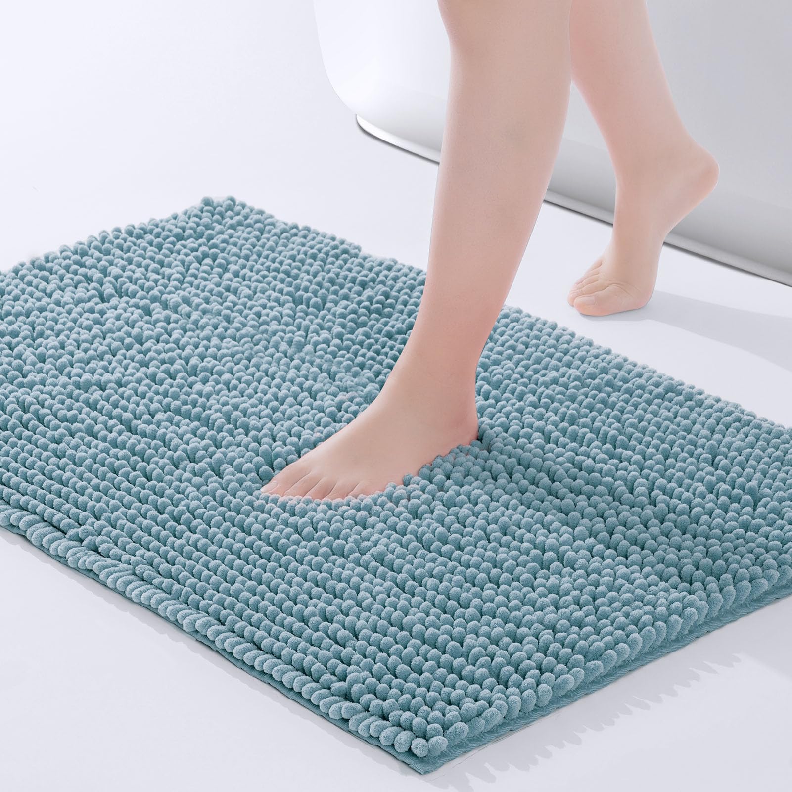 FRESHMINT Chenille Bathroom Rugs Mat 32”x20”, Non-Slip Bath Mat for Bathroom Floor & Bathtub, Washable Soft Shower Shag Bath Rugs, Durable Fluffy Thick Water Absorbent Microfiber Shower Mat, Blue