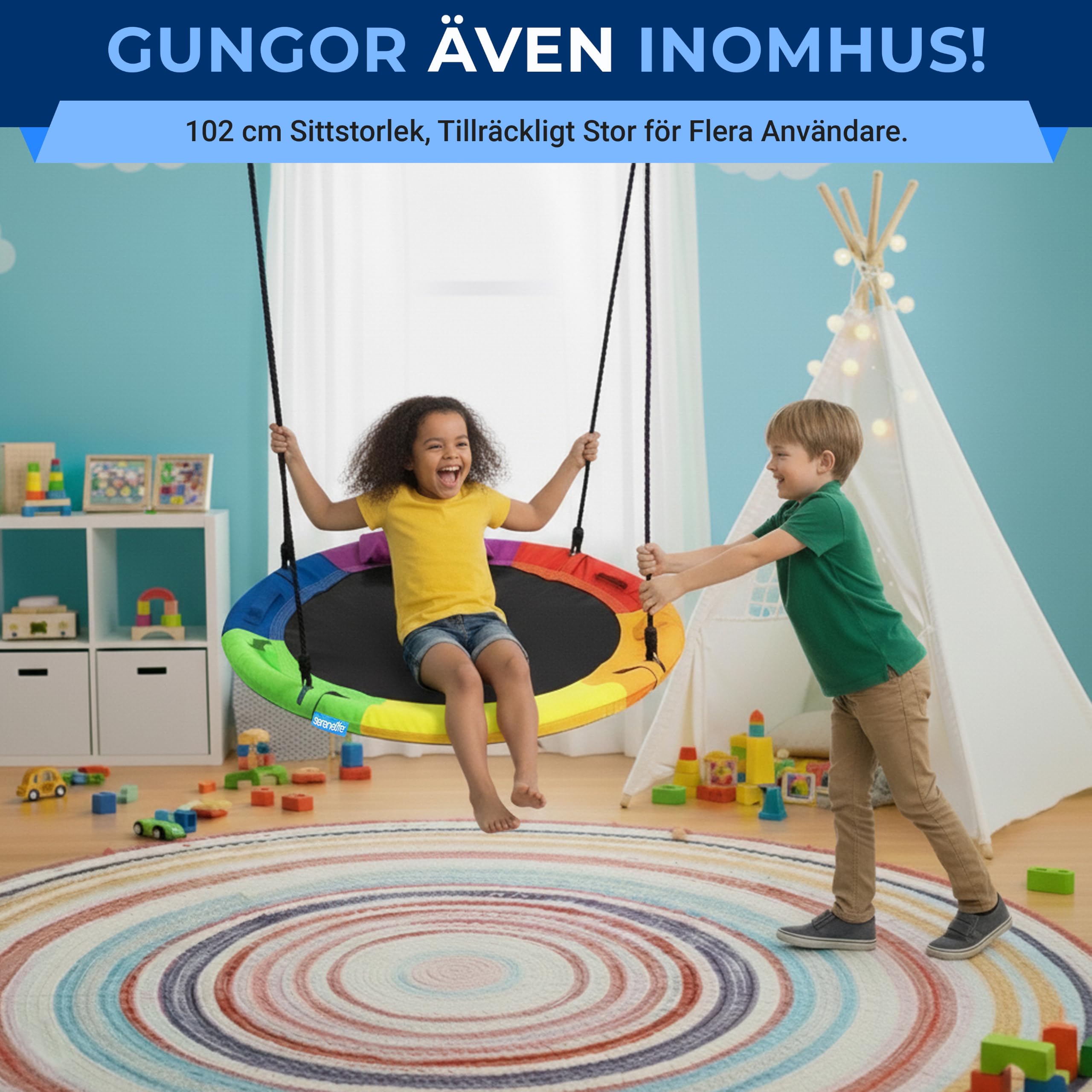 SereneLife 40" Saucer Swing - Outdoor Swing Set with Universal Hanging Kit, Swinging Seat Spinner with Pillow & Carry Bag, Weatherproof, Water-Resistant, Supports Up to 700 lbs, Rainbow
