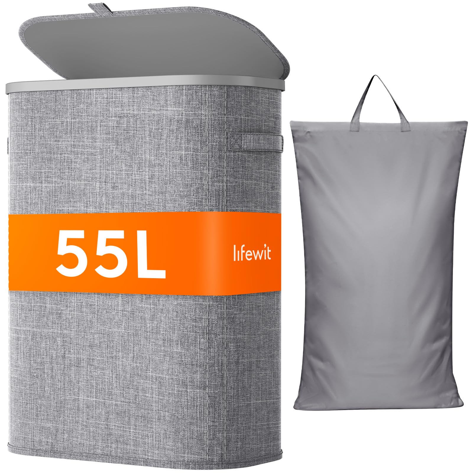 Lifewit 55L Laundry Basket with Lid, Slim Washing Basket with Handles and Bag, Large Foldable Dirty Clothes Organiser with Plastic Frame for Laundry Room, Bedroom, Bathroom, Light Gray