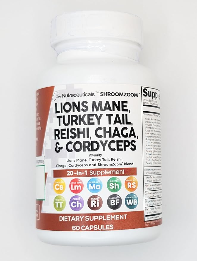 Clean Nutraceuticals Lions Mane 20in1 Mushroom Supplement with Turkey Tail Reishi Cordyceps Chaga Maitake Meshima Poria Cocos Shiitake Oyster Porcini Enoki - 1 Pack