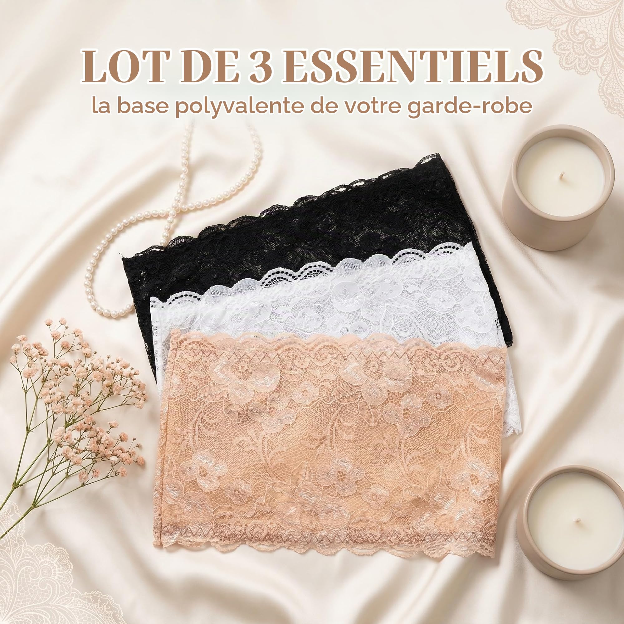 Lot de 3 Soutien Gorge Bandeau sans Bretelles en Dentelle pour Femme, bandeau dentelle, Hauts sans Bretelles, Bandeau Poitrine femme, Noir, Blanc et Beige, Taille Unique 28x10cm
