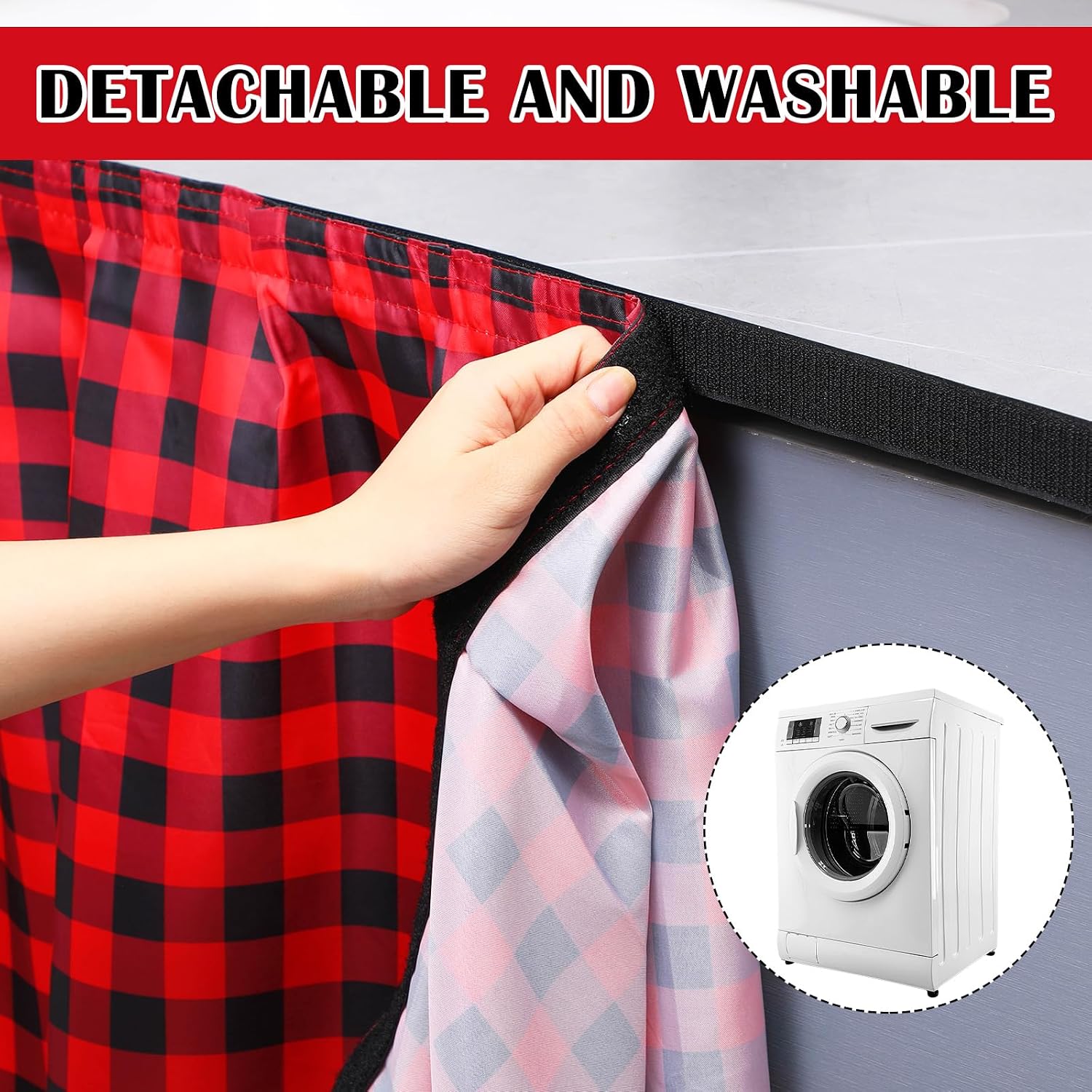 Fabric Sink Skirt Diamond Bathroom Stitch Self Stick Adhesive Waterproof Fabric Under Sink Curtain Skirt 55 x 32 Inch Adds Bathroom Storage(Red and Black,Classic Style) thumbnail