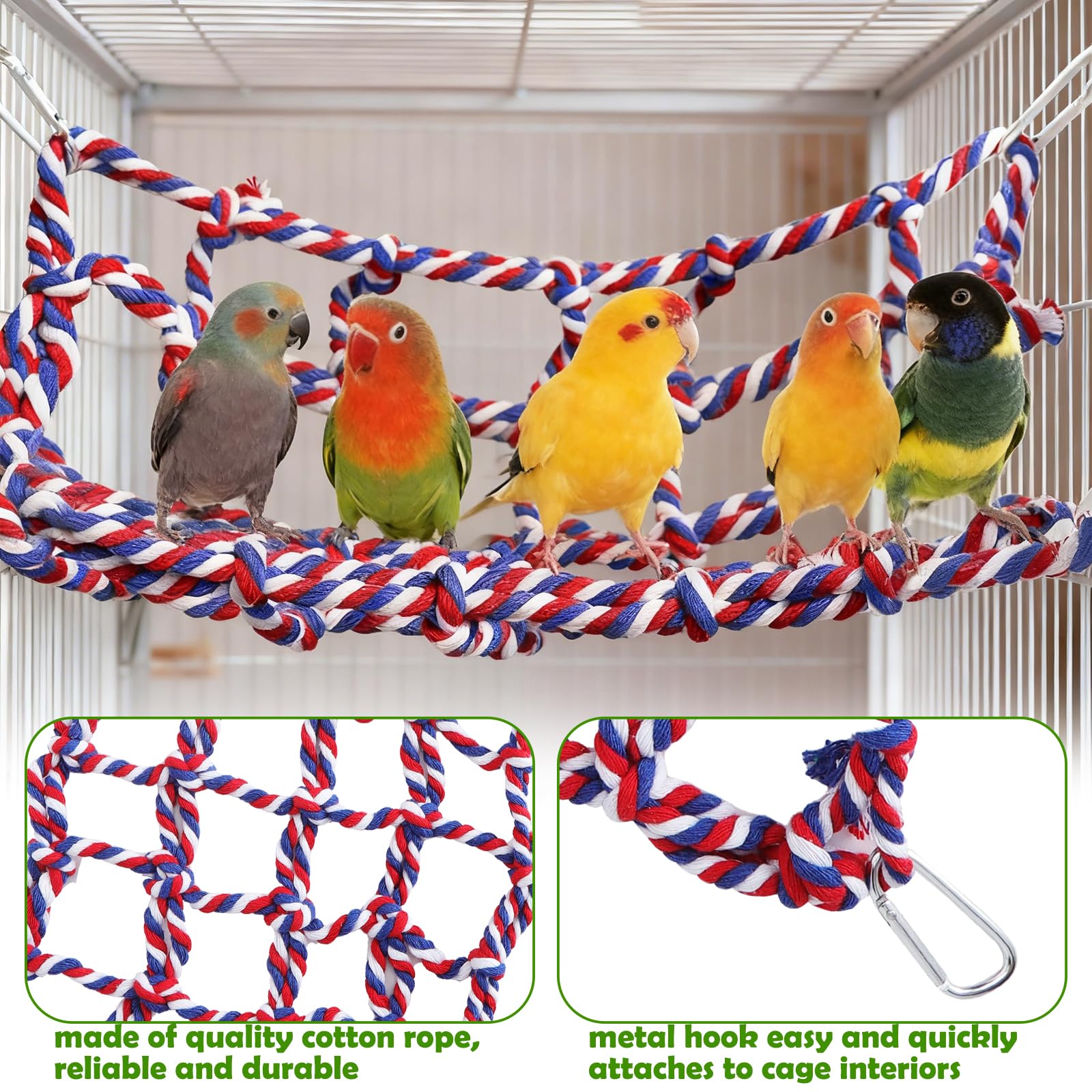 Lot de 2 Filets d’Escalade colorés en Coton pour Petits Animaux – Accessoires pour Cage de Rat avec 4 Crochets – hamac pour Rat, Perroquet, Hamster et Furet – Filet Suspendu Durable et Lavable