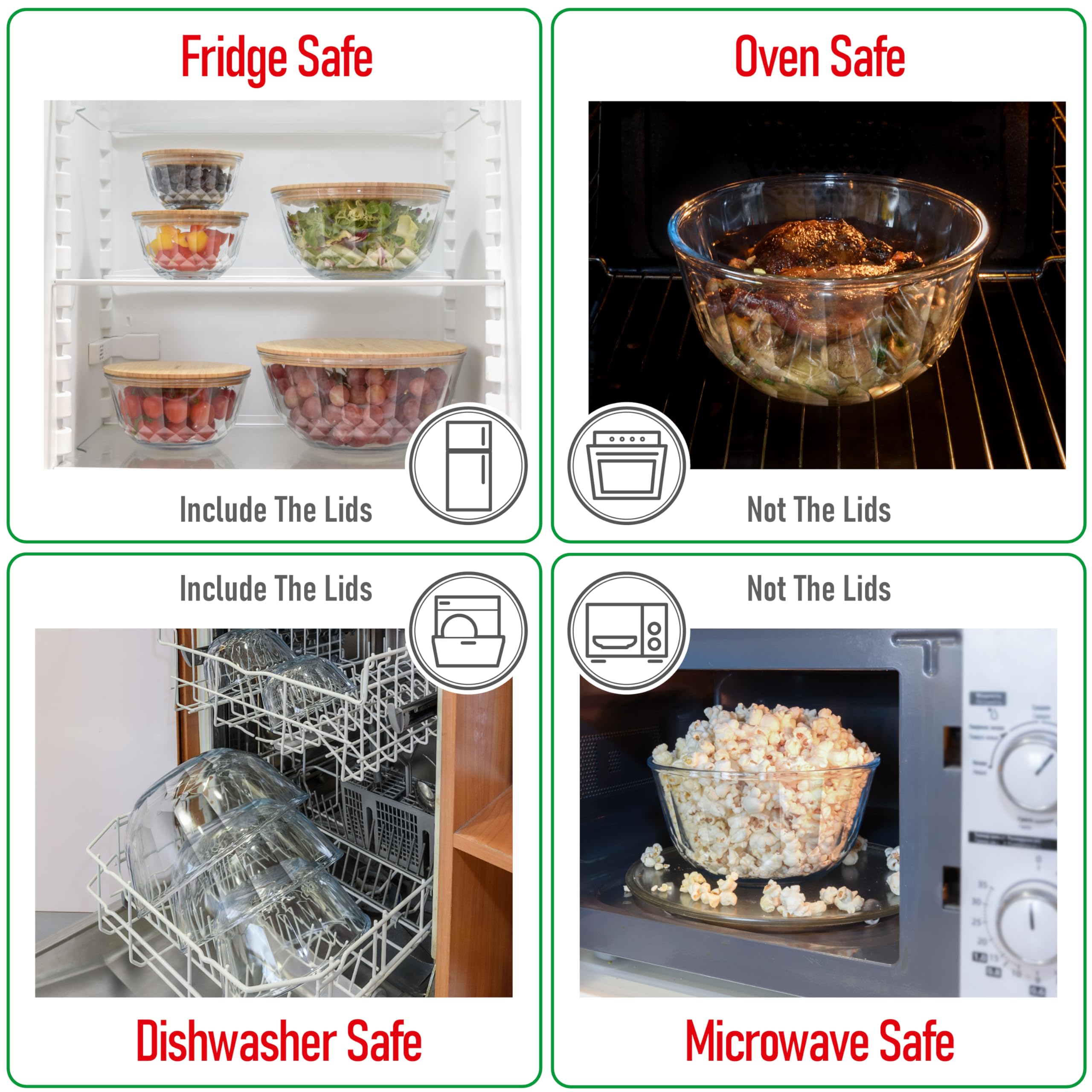 Stapelbares, platzsparendes Set mit 5 stapelbaren Glasschalen mit Bambusdeckeln für Lebensmittelzubereitung, Aufbewahrung, Backen, Mischen und Kochen, mikrowellen- und ofenfest, BPA-frei