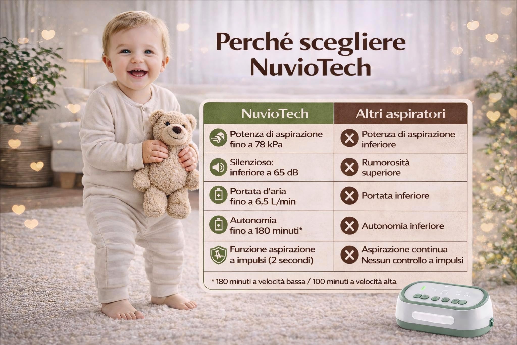 Aspiratore Nasale Elettrico NuvioTech, per Neonati e Bambini, ricaricabile, Funzione aspirazione pulsata, Display Digitale, Funzione Musicale e Luminosa, Include 50 Filtri e Accessori