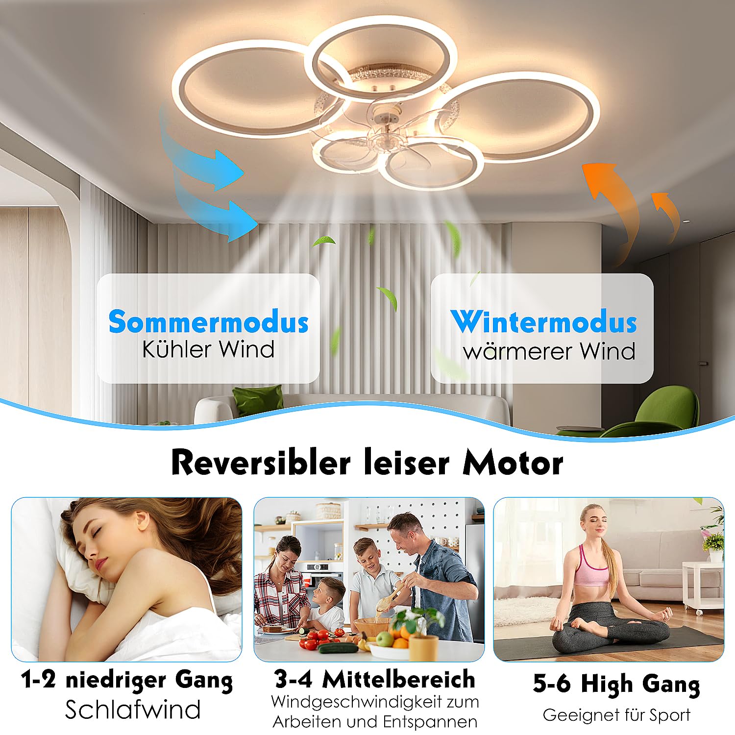 RGB LED Deckenventilator mit Licht, Leiser Ventilator dimmbar, Farbwechsel | Deckenlampe 96cm Fernbedienung, 6 Stufen, Timer & Reversierfunktion, Deckenleuchte für Schlafzimmer, Kinderzimmer Wohnzimmer