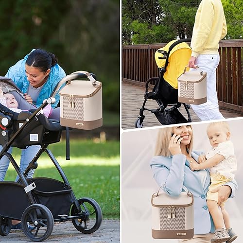 Miniatura 6 de BABEYER Bolsa enfriadora de leche materna con bolsa de hielo para 3 biberones de hasta 9 onzas, bolsa de cuero vegano para bomba de leche materna,