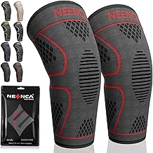 NEENCA Genouillère Sport(2 Pack), Genouillère Rotulienne de Compression Respirant, Attelle Genou Ligamentaire pour Déchirure du Ménisque, Arthrose, Récupération de Blessur, Course, Football (M, Rouge)