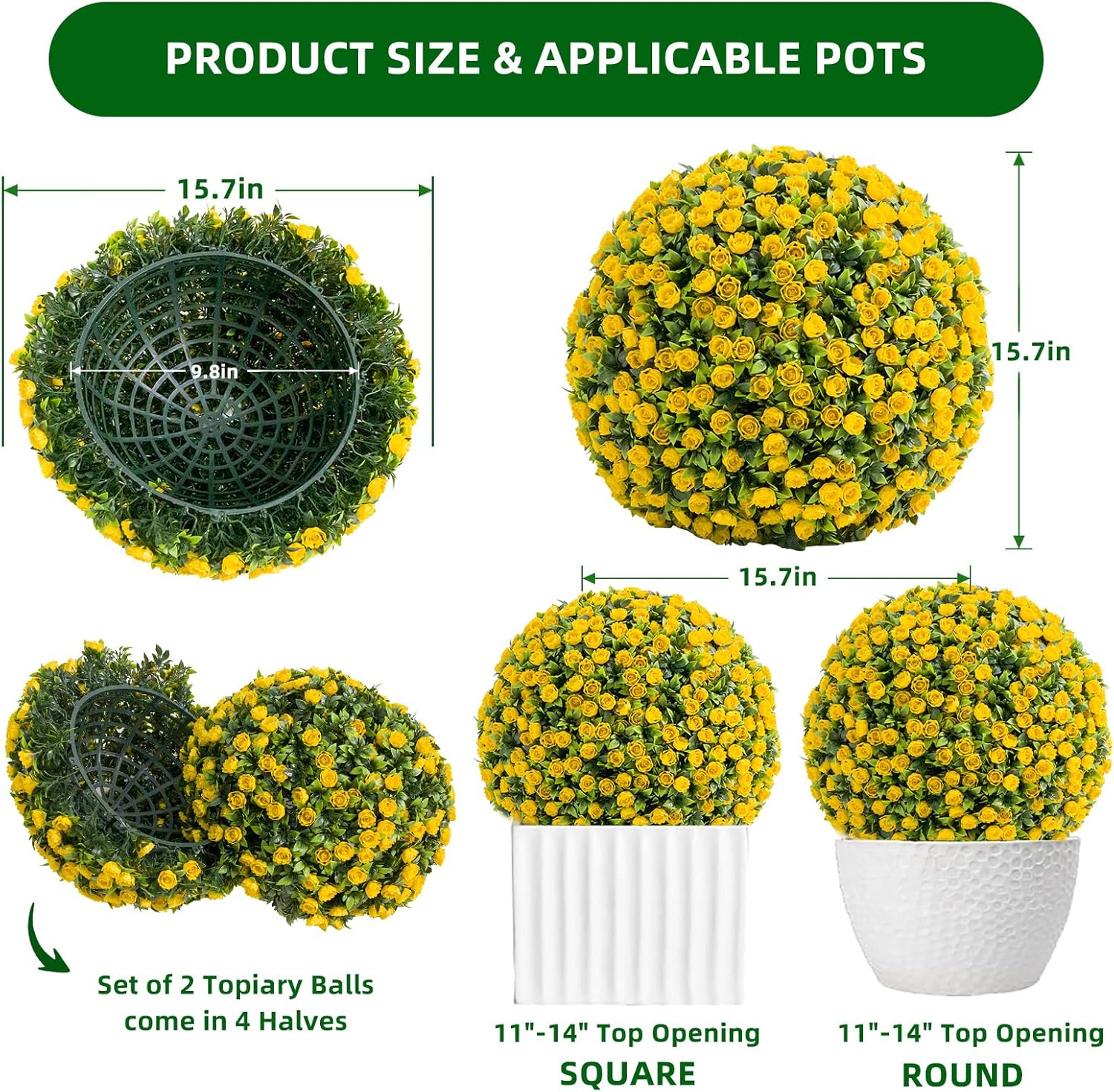 16‘' Artificial Topiary Balls Outdoor Set of 2, Artificial Flower Topiary Ball with 20 Zip Tiles & 2 Hanging Chains, Hanging Decorative Flowers Ball for Garden & Patio, Wedding Decor, Yellow