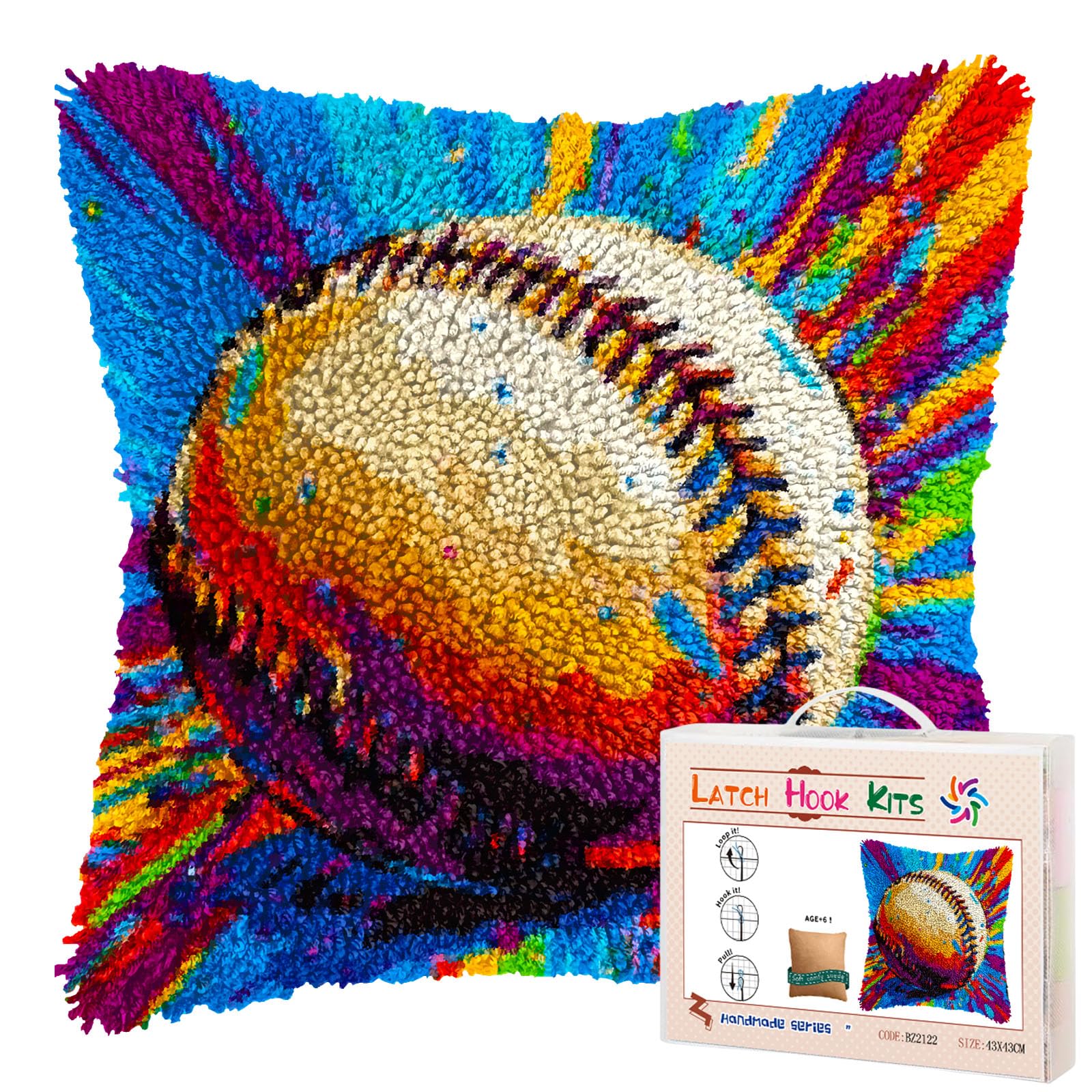 Colorful Baseball DIY Latch Hook Pillow Kits for Adults Printed Pillowcase Crochet Yarns Hooking Handmade Pillow Cover Cushion for Home Sofa Decoration 17x17inch